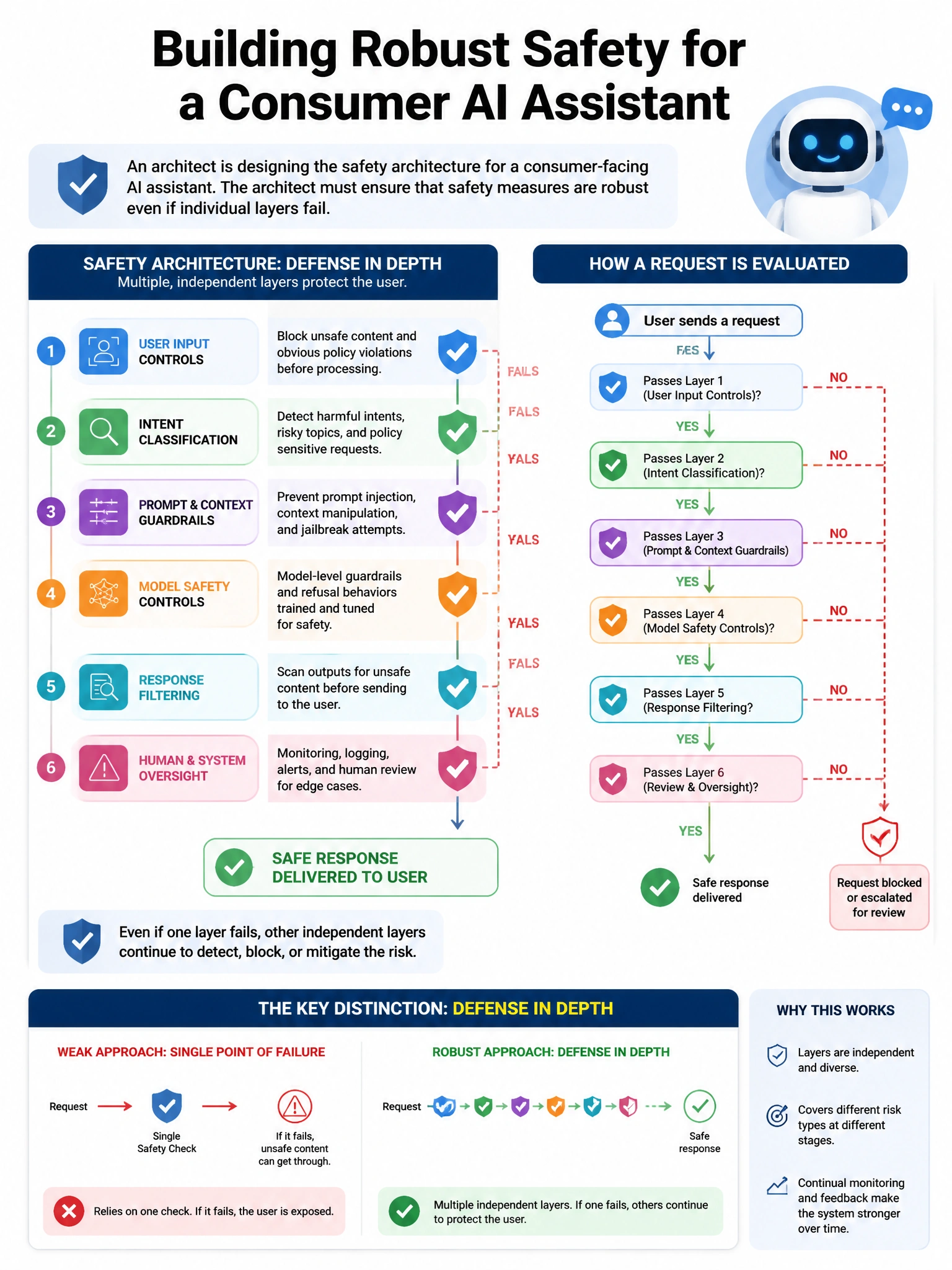 Portrait educational infographic teaching: An architect is designing the safety architecture for a consumer-facing AI assistant. The architect must ensure that safety measures are robust even if individual layers fail. Whic. Show labeled components, decision flow, and the key distinction that makes the correct answer correct. Clean modern diagram style.