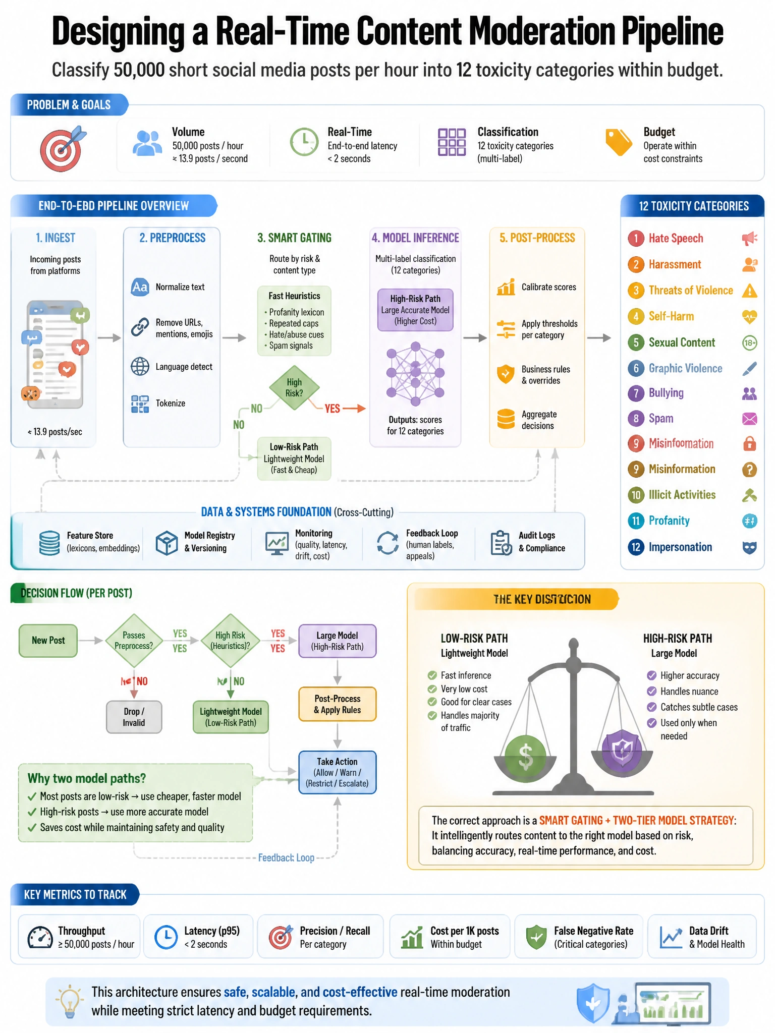 Portrait educational infographic teaching: An architect is designing a real-time content moderation pipeline that must classify 50,000 short social media posts per hour into 12 toxicity categories. The system has a budget c. Show labeled components, decision flow, and the key distinction that makes the correct answer correct. Clean modern diagram style.
