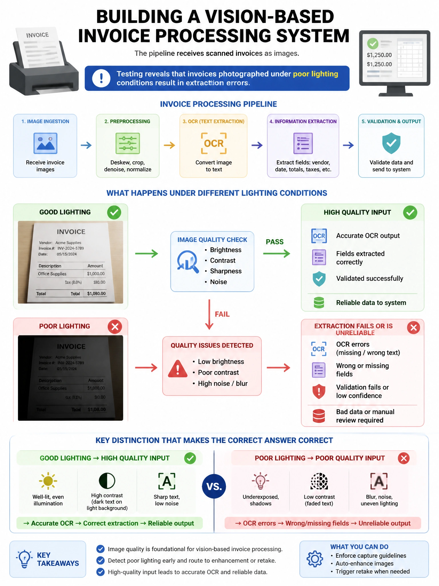 Portrait educational infographic teaching: You are building a vision-based invoice processing system. The pipeline receives scanned invoices as images. Testing reveals that invoices photographed under poor lighting conditio. Show labeled components, decision flow, and the key distinction that makes the correct answer correct. Clean modern diagram style.