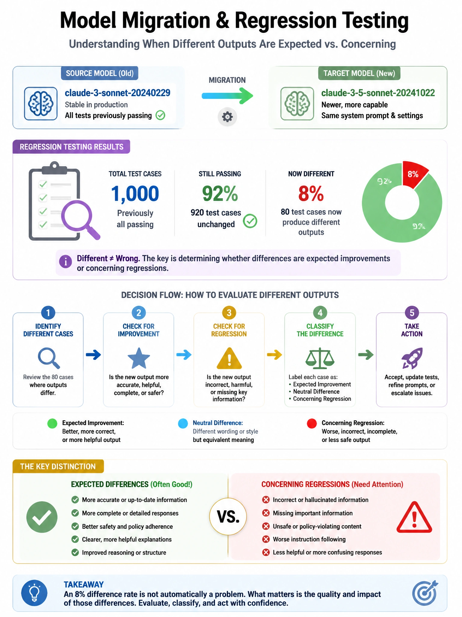 Portrait educational infographic teaching: A team is migrating from claude-3-sonnet-20240229 to claude-3-5-sonnet-20241022. During regression testing, they discover that 8% of previously passing test cases now produce d. Show labeled components, decision flow, and the key distinction that makes the correct answer correct. Clean modern diagram style.