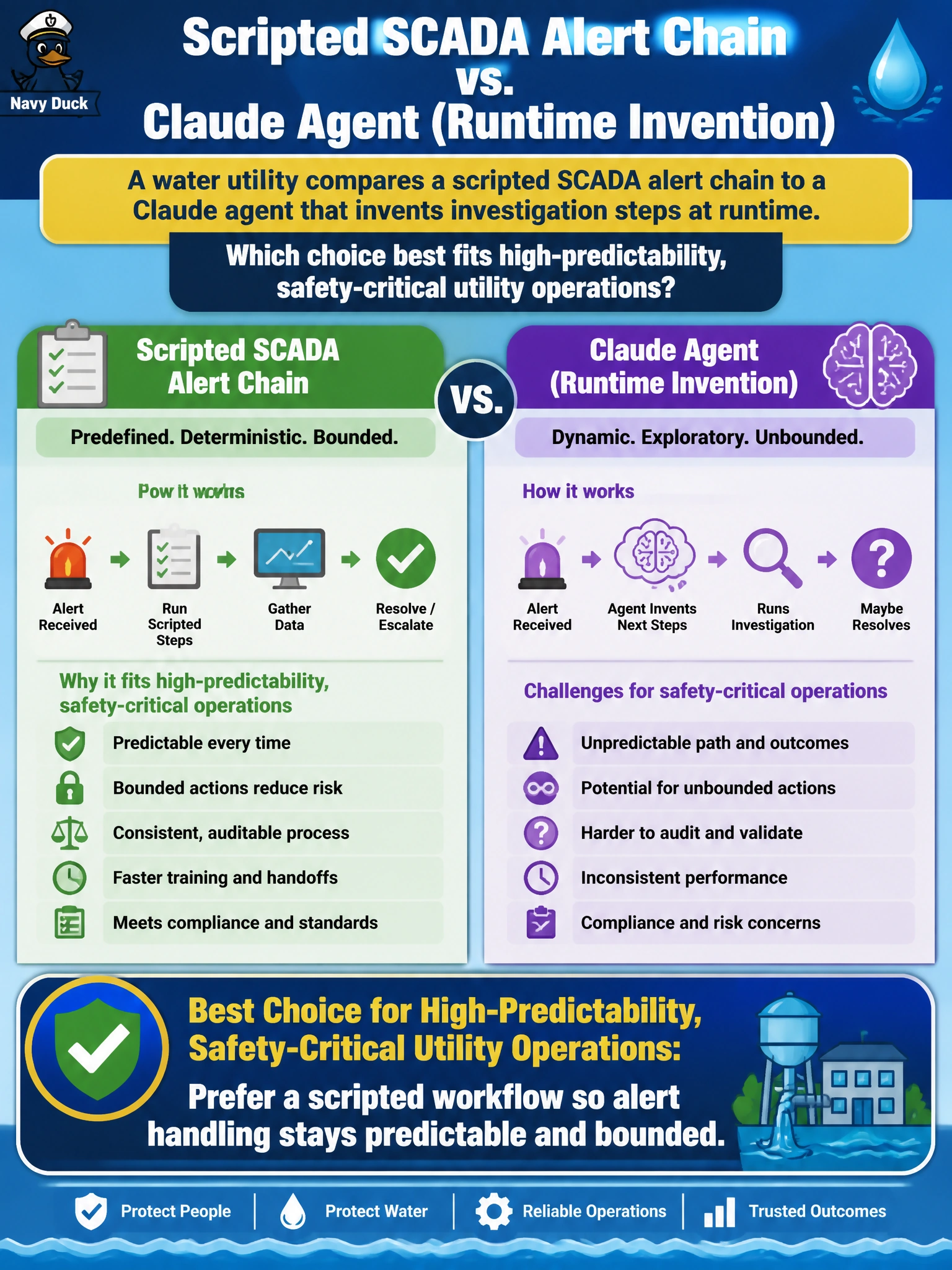 To Create an exciting colorful infographic that explains the concepts in the question: Question: A water utility compares a scripted SCADA alert chain to a Claude agent that invents investigation steps at runtime. Which choice best fits high-predictability, safety-critical utility operations? Correct Answer: Prefer a scripted workflow so alert handling stays predictable and bounded Put EVERY visible label in double quotes. No people. No A/B/C/D letters. In one of the four corners put a little "Navy Duck".