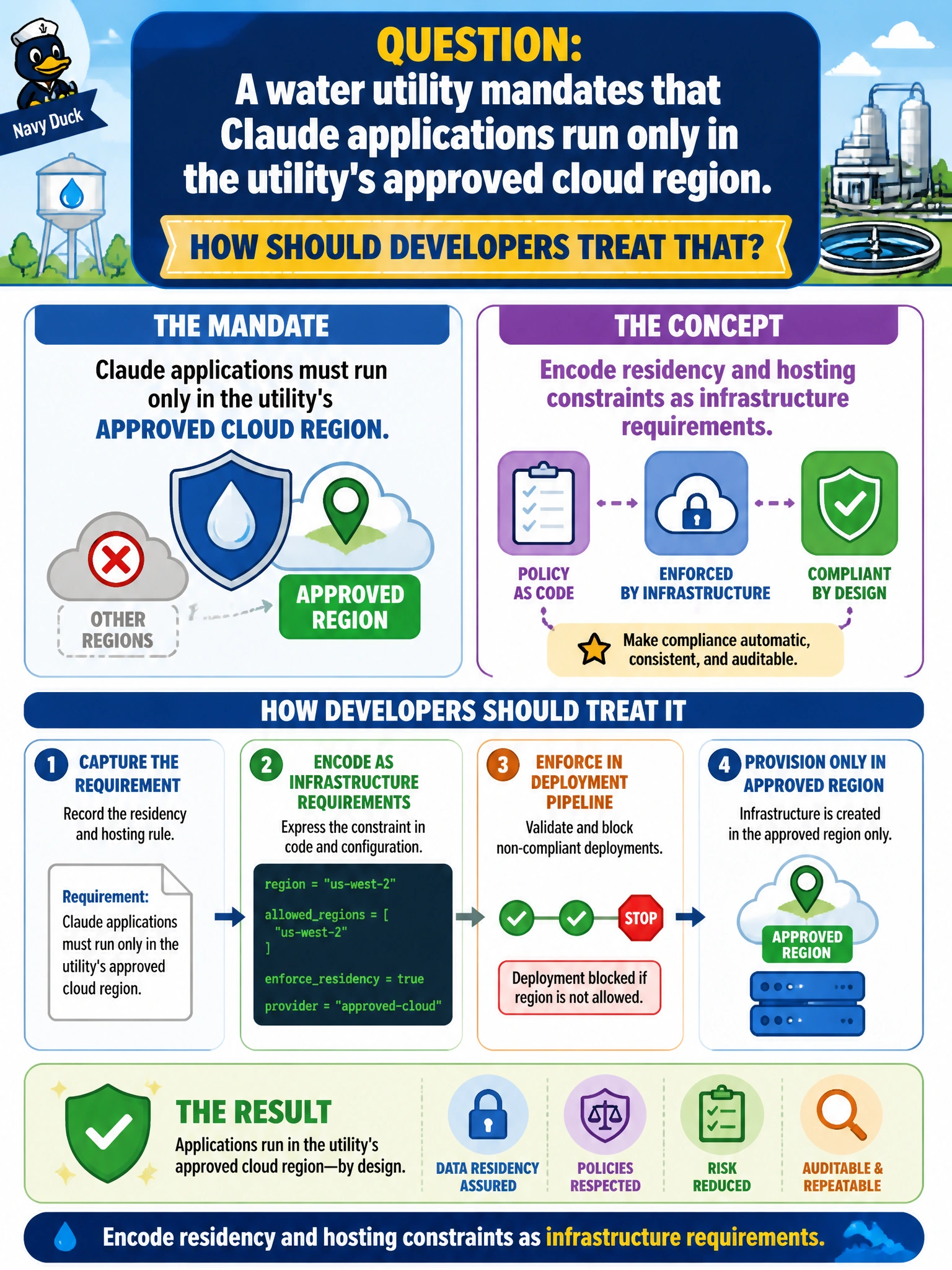To Create an exciting colorful infographic that explains the concepts in the question: Question: A water utility mandates that Claude applications run only in the utility's approved cloud region. How should developers treat that? Correct Answer: Encode residency and hosting constraints as infrastructure requirements Put EVERY visible label in double quotes. No people. No A/B/C/D letters. In one of the four corners put a little "Navy Duck".