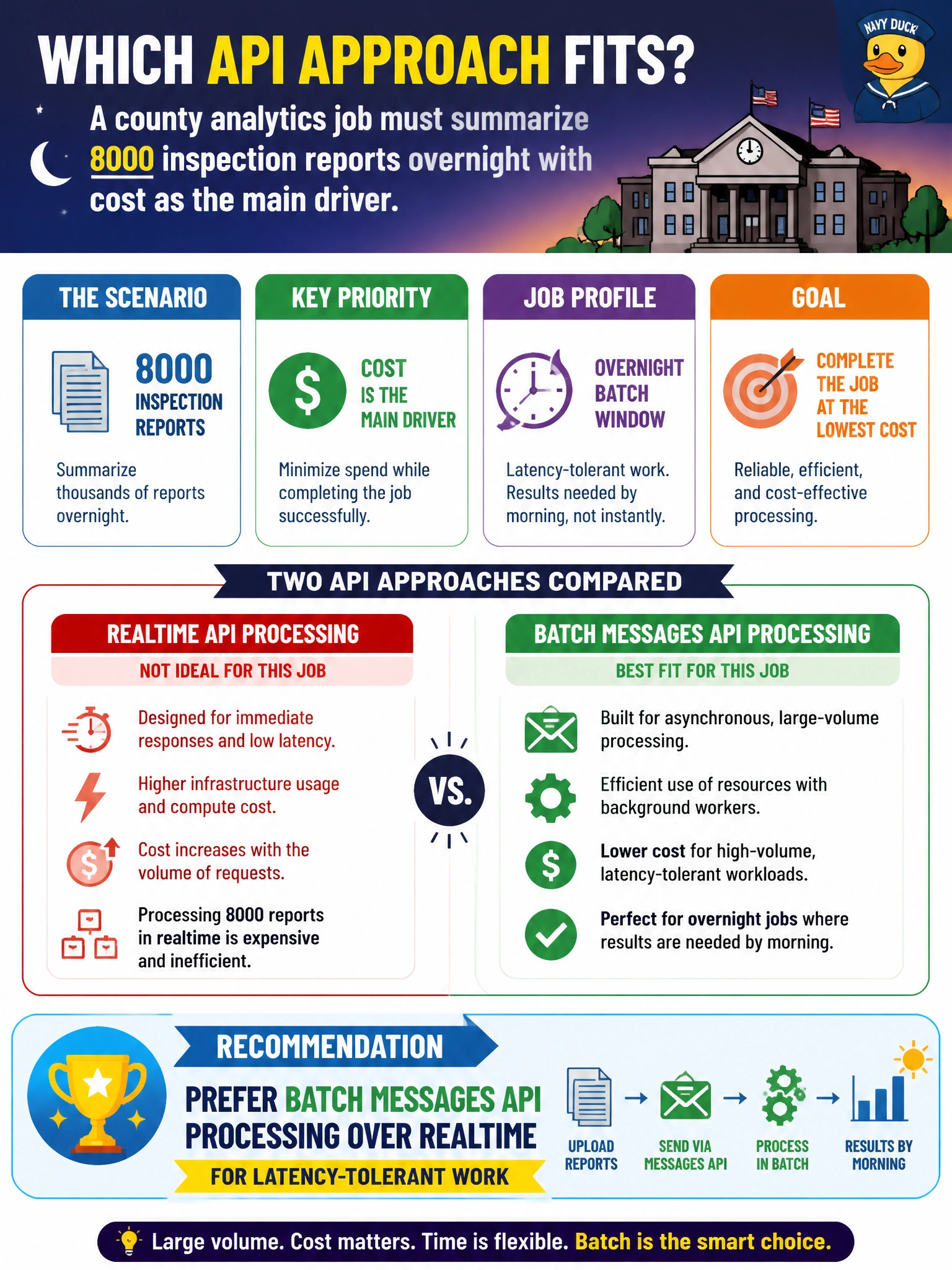 To Create an exciting colorful infographic that explains the concepts in the question: Question: A county analytics job must summarize 8000 inspection reports overnight with cost as the main driver. Which API approach fits? Correct Answer: Prefer batch Messages API processing over realtime for latency-tolerant work Put EVERY visible label in double quotes. No people. No A/B/C/D letters. In one of the four corners put a little "Navy Duck".