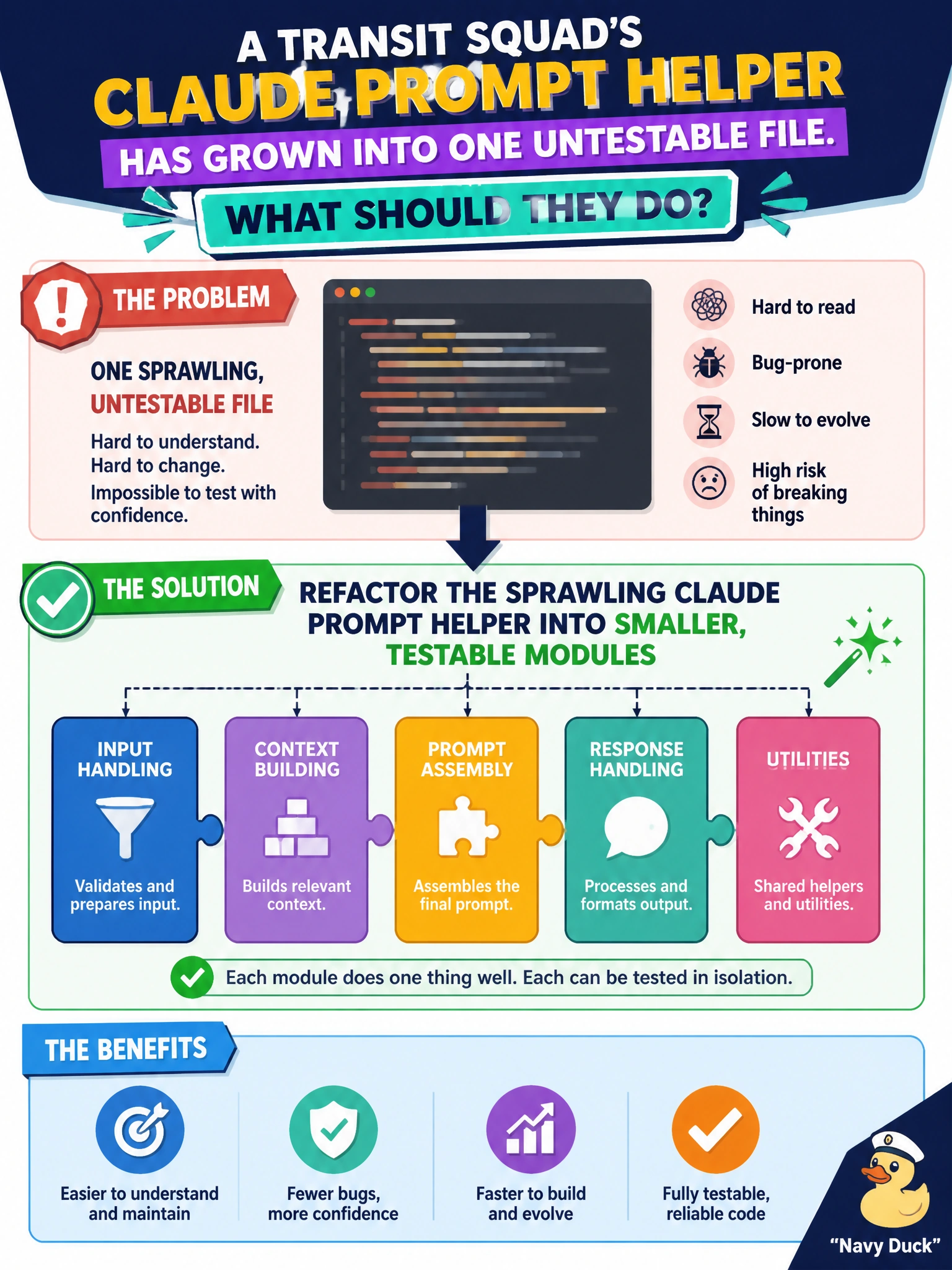 To Create an exciting colorful infographic that explains the concepts in the question: Question: A transit squad's Claude prompt helper has grown into one untestable file. What should they do? Correct Answer: Refactor the sprawling Claude prompt helper into smaller testable modules Put EVERY visible label in double quotes. No people. No A/B/C/D letters. In one of the four corners put a little "Navy Duck".