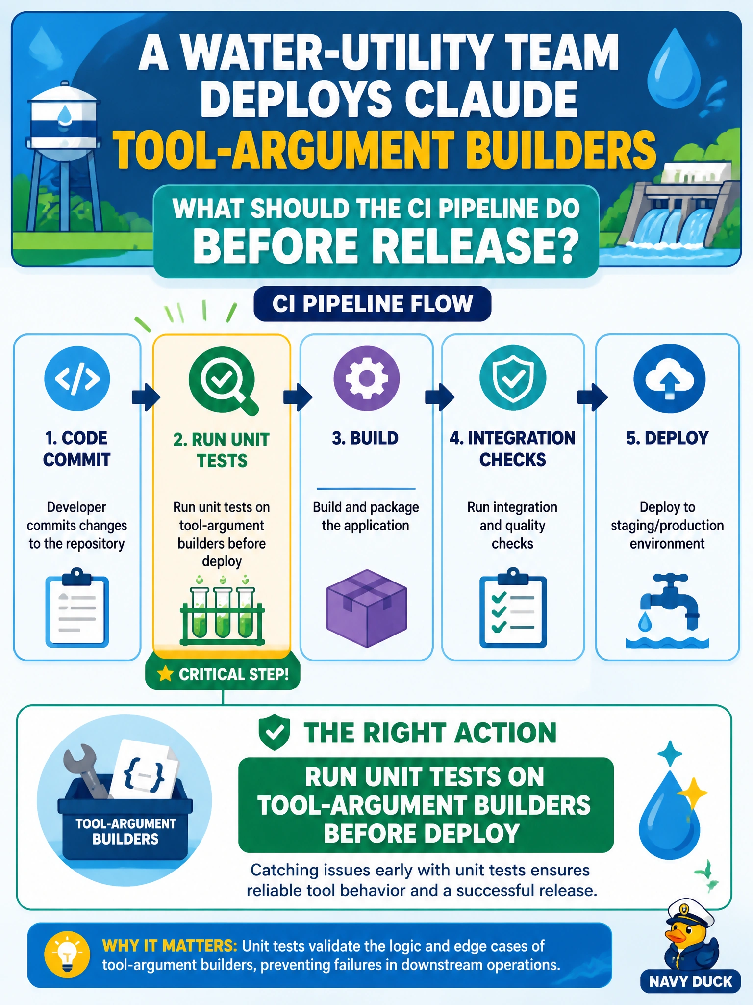 To Create an exciting colorful infographic that explains the concepts in the question: Question: A water-utility team deploys Claude tool-argument builders. What should the CI pipeline do before release? Correct Answer: Run unit tests on tool-argument builders before deploy Put EVERY visible label in double quotes. No people. No A/B/C/D letters. In one of the four corners put a little "Navy Duck".