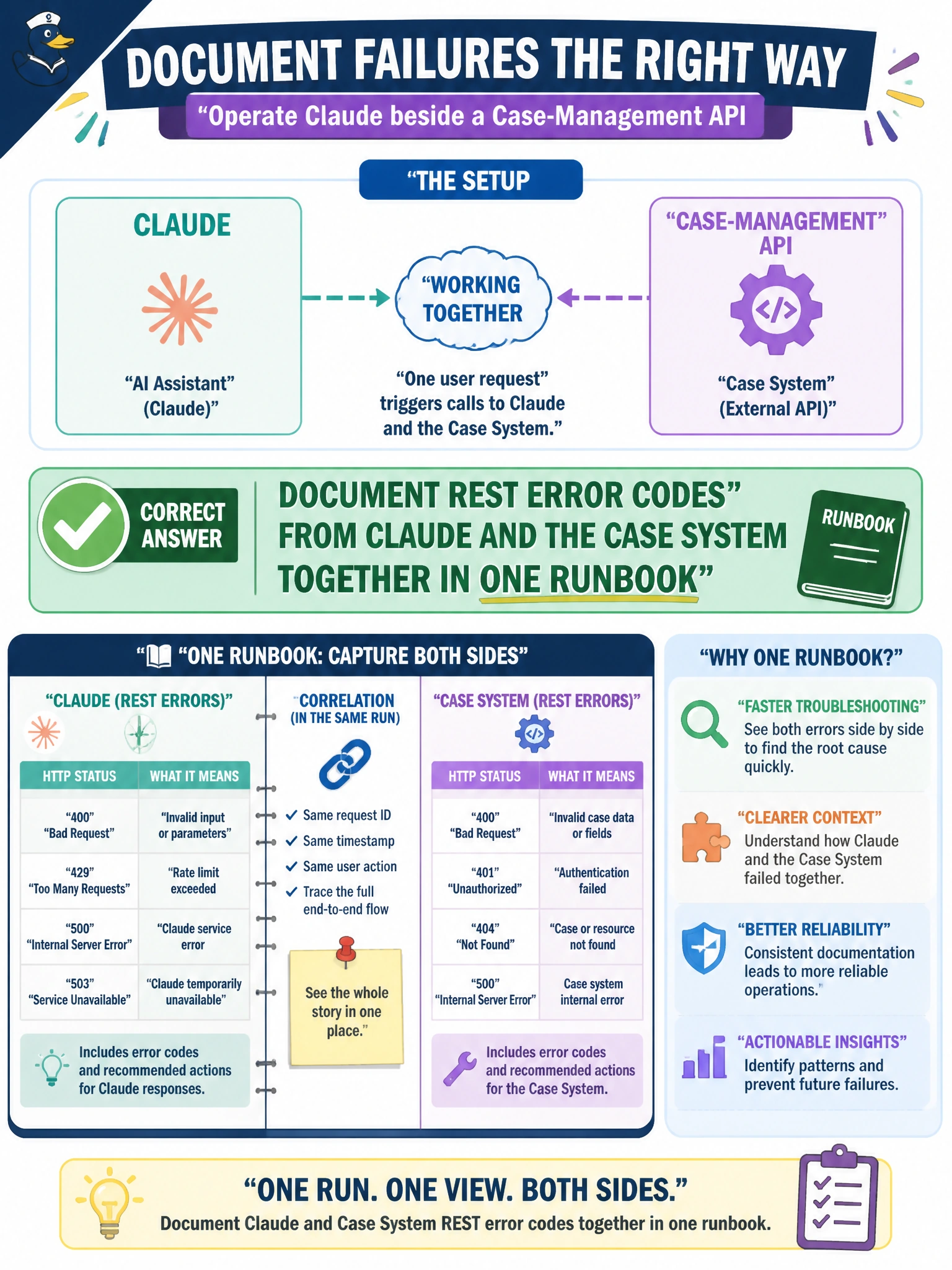 To Create an exciting colorful infographic that explains the concepts in the question: Question: A housing team must operate Claude beside a case-management API. How should they document failures? Correct Answer: Document REST error codes from Claude and the case system together in one runbook Put EVERY visible label in double quotes. No people. No A/B/C/D letters. In one of the four corners put a little "Navy Duck".