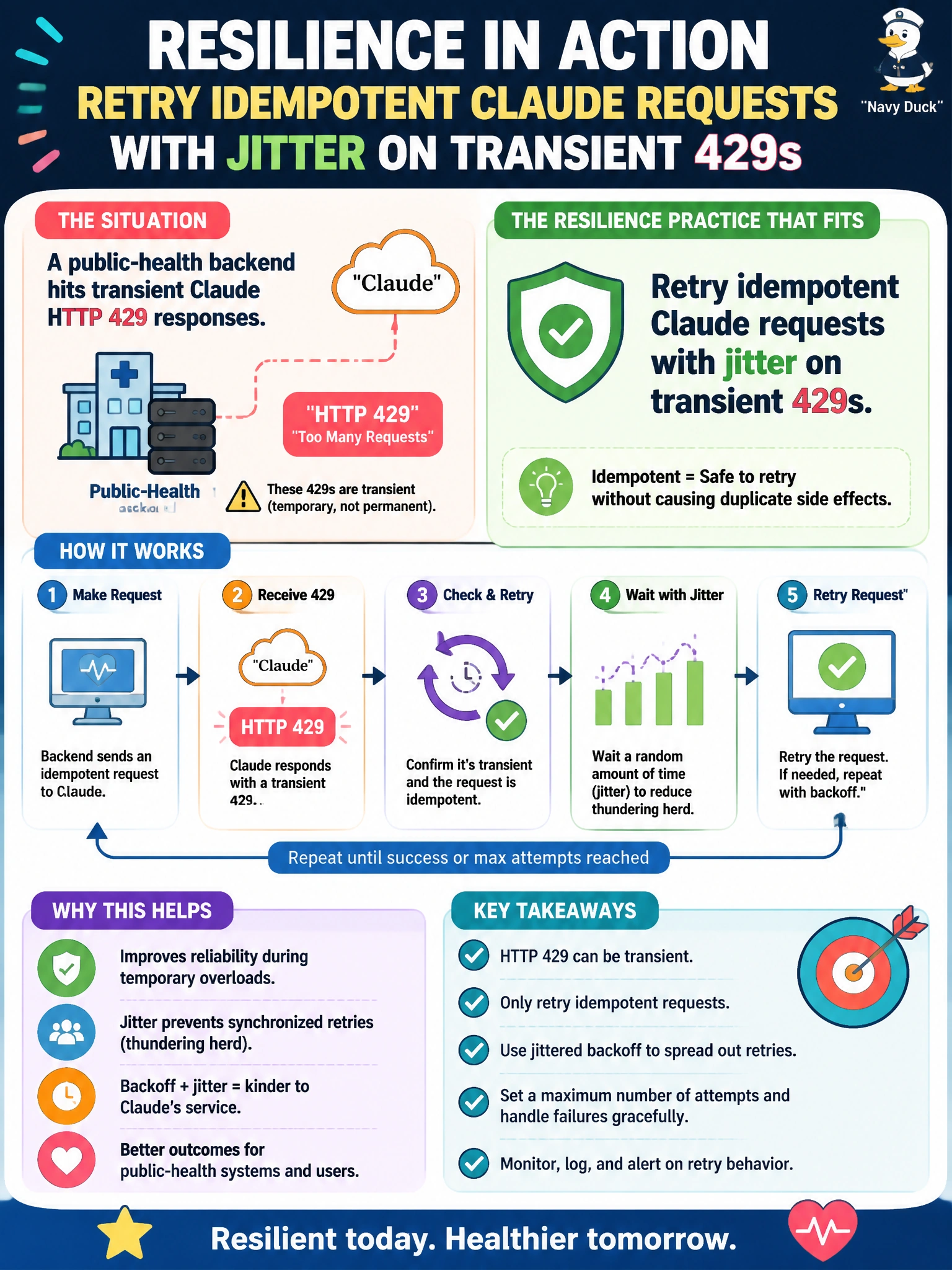 To Create an exciting colorful infographic that explains the concepts in the question: Question: A public-health backend hits transient Claude HTTP 429 responses. Which resilience practice fits? Correct Answer: Retry idempotent Claude requests with jitter on transient 429s Put EVERY visible label in double quotes. No people. No A/B/C/D letters. In one of the four corners put a little "Navy Duck".
