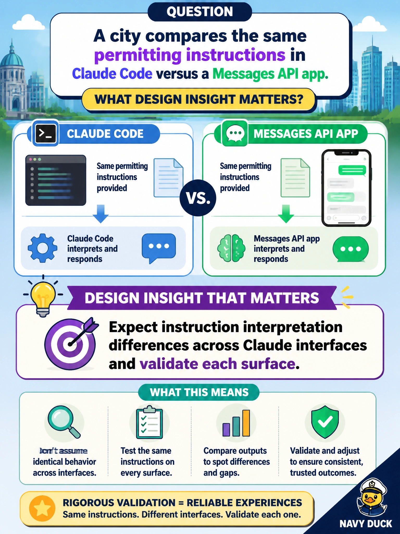 To Create an exciting colorful infographic that explains the concepts in the question: Question: A city compares the same permitting instructions in Claude Code versus a Messages API app. What design insight matters? Correct Answer: Expect instruction interpretation differences across Claude interfaces and validate each surface Put EVERY visible label in double quotes. No people. No A/B/C/D letters. In one of the four corners put a little "Navy Duck".