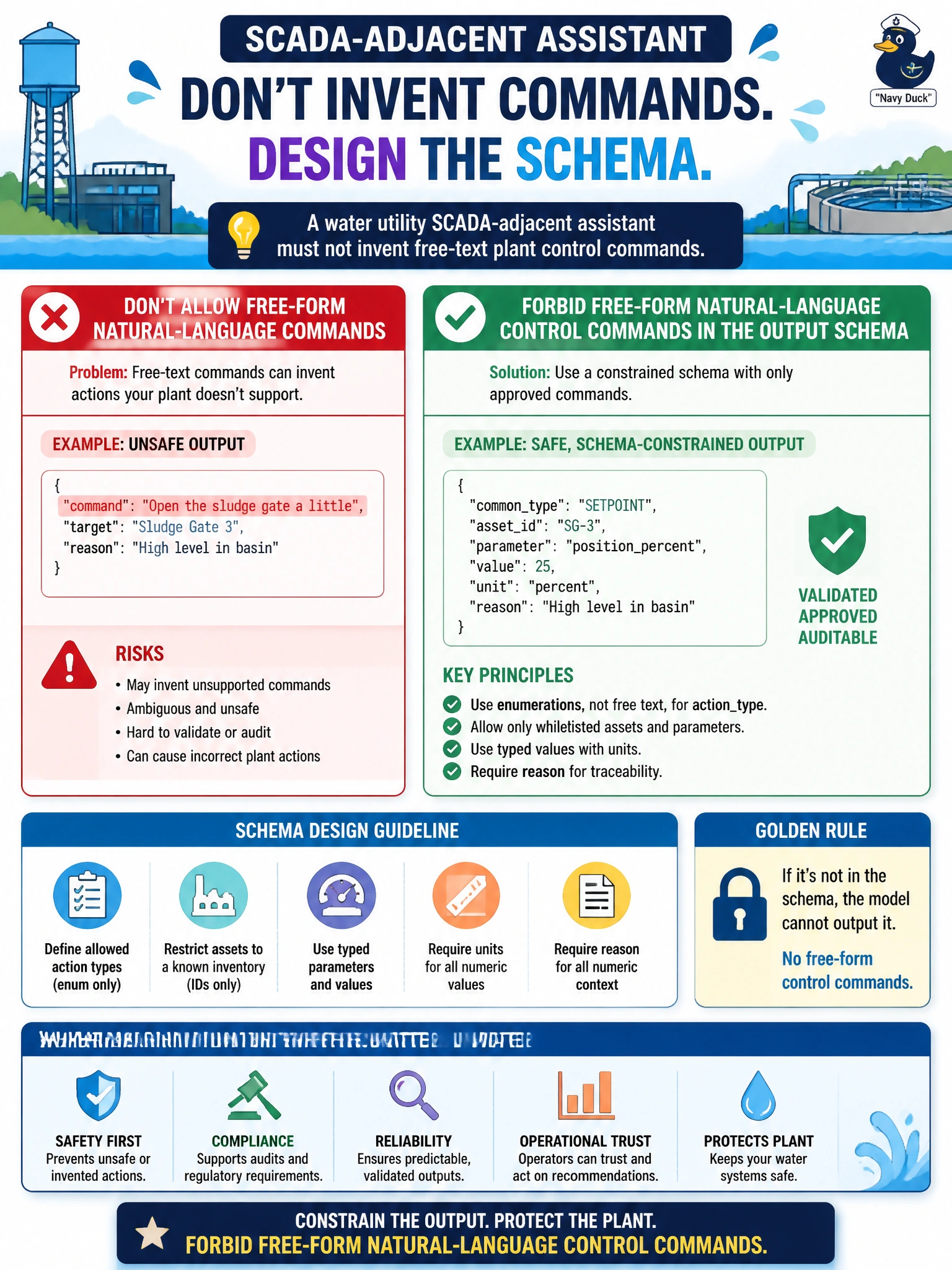 To Create an exciting colorful infographic that explains the concepts in the question: Question: A water utility SCADA-adjacent assistant must not invent free-text plant control commands. What schema design fits? Correct Answer: Forbid free-form natural-language control commands in the output schema Put EVERY visible label in double quotes. No people. No A/B/C/D letters. In one of the four corners put a little "Navy Duck".