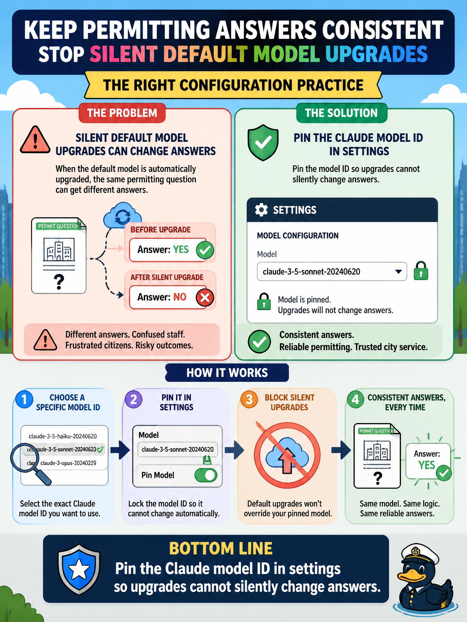 To Create an exciting colorful infographic that explains the concepts in the question: Question: A city repo must stop silent default model upgrades from changing permitting answers. What configuration practice fits? Correct Answer: Pin the Claude model ID in settings so upgrades cannot silently change answers Put EVERY visible label in double quotes. No people. No A/B/C/D letters. In one of the four corners put a little "Navy Duck".