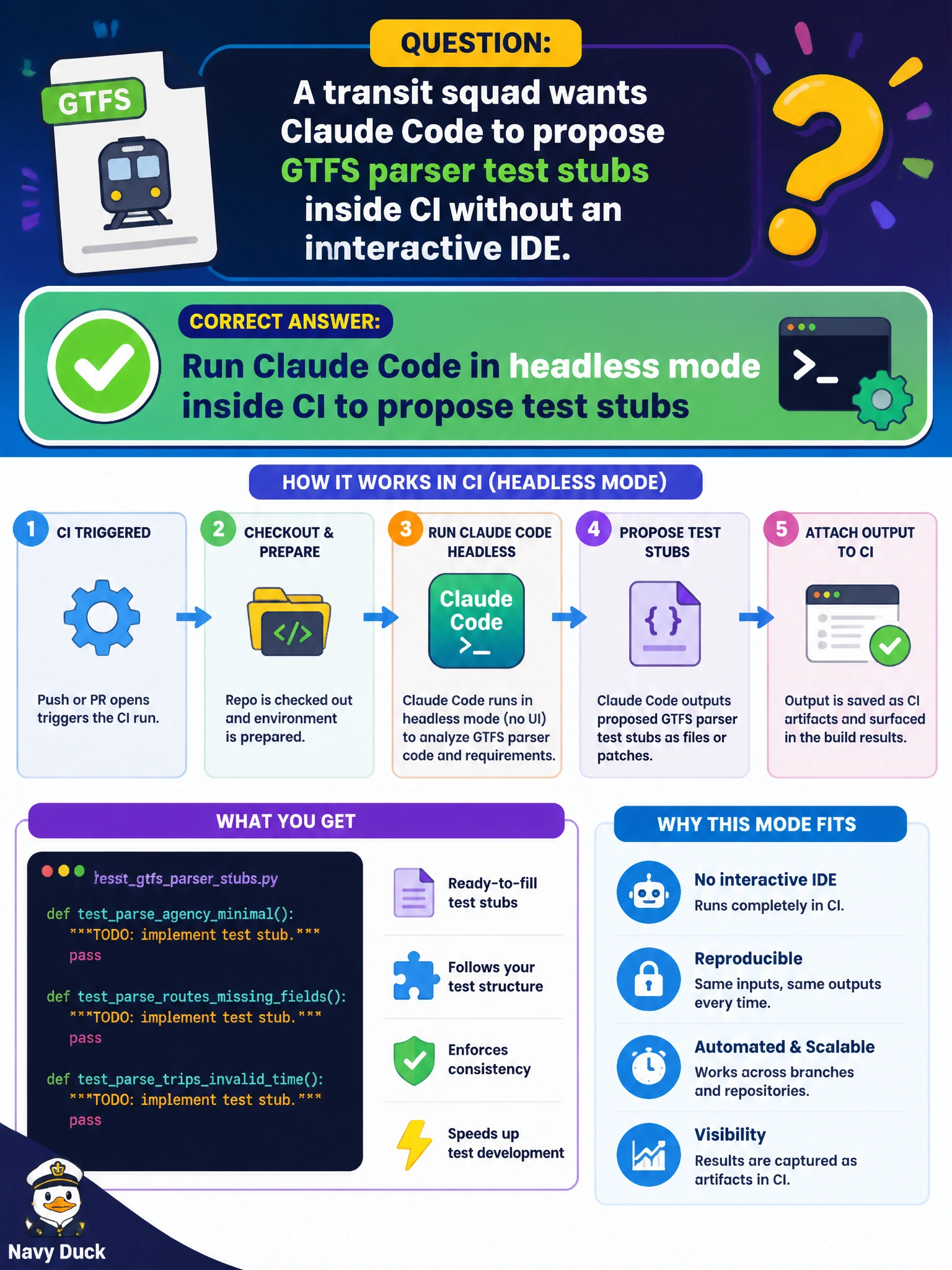 To Create an exciting colorful infographic that explains the concepts in the question: Question: A transit squad wants Claude Code to propose GTFS parser test stubs inside CI without an interactive IDE. What operating mode fits? Correct Answer: Run Claude Code in headless mode inside CI to propose test stubs Put EVERY visible label in double quotes. No people. No A/B/C/D letters. In one of the four corners put a little "Navy Duck".