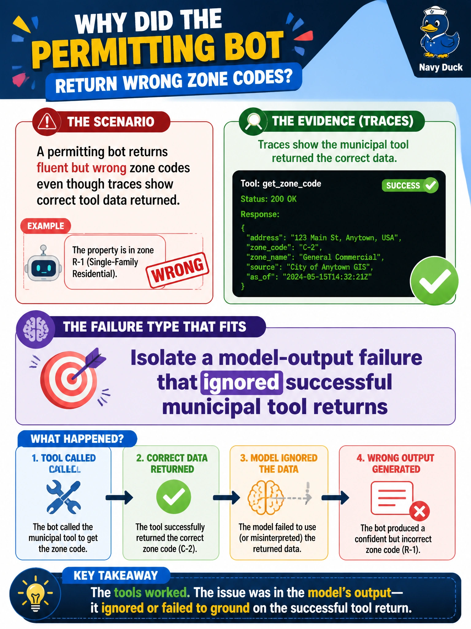 To Create an exciting colorful infographic that explains the concepts in the question: Question: A permitting bot returns fluent but wrong zone codes even though traces show correct tool data returned. What failure type fits? Correct Answer: Isolate a model-output failure that ignored successful municipal tool returns Put EVERY visible label in double quotes. No people. No A/B/C/D letters. In one of the four corners put a little "Navy Duck".