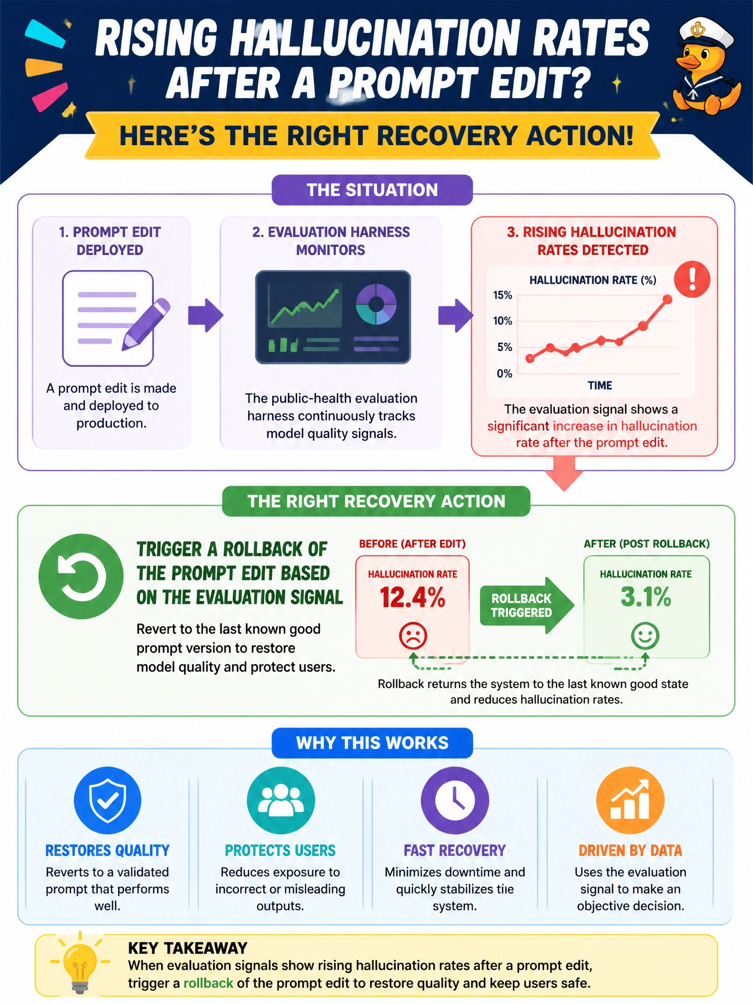 To Create an exciting colorful infographic that explains the concepts in the question: Question: A public-health eval harness flags rising hallucination rates after a prompt edit. What recovery action fits? Correct Answer: Trigger a rollback of the prompt edit based on the evaluation signal Put EVERY visible label in double quotes. No people. No A/B/C/D letters. In one of the four corners put a little "Navy Duck".