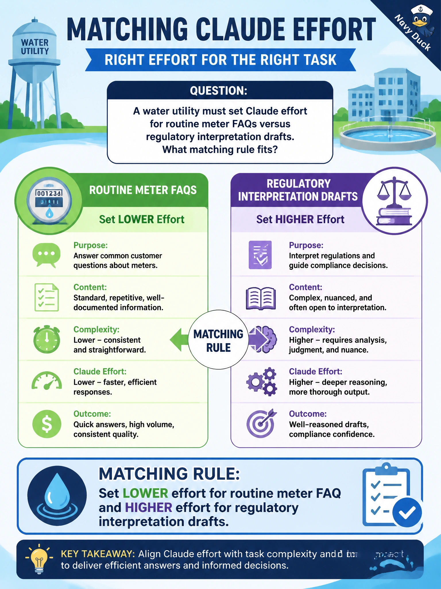 To Create an exciting colorful infographic that explains the concepts in the question: Question: A water utility must set Claude effort for routine meter FAQs versus regulatory interpretation drafts. What matching rule fits? Correct Answer: Set lower effort for routine meter FAQ and higher effort for regulatory interpretation drafts Put EVERY visible label in double quotes. No people. No A/B/C/D letters. In one of the four corners put a little "Navy Duck".