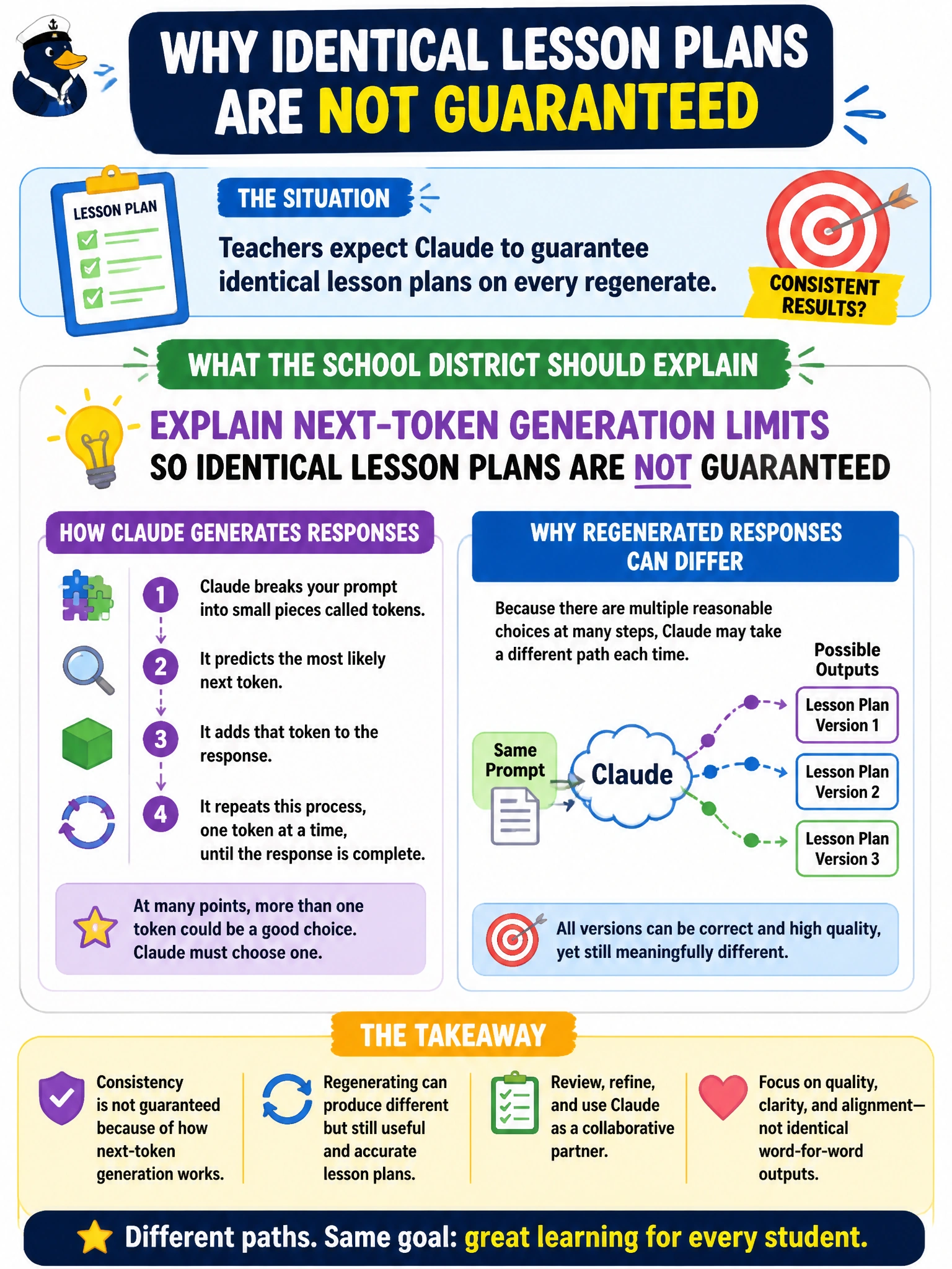To Create an exciting colorful infographic that explains the concepts in the question: Question: Teachers expect Claude to guarantee identical lesson plans on every regenerate. What should the school district explain? Correct Answer: Explain next-token generation limits so identical lesson plans are not guaranteed Put EVERY visible label in double quotes. No people. No A/B/C/D letters. In one of the four corners put a little "Navy Duck".