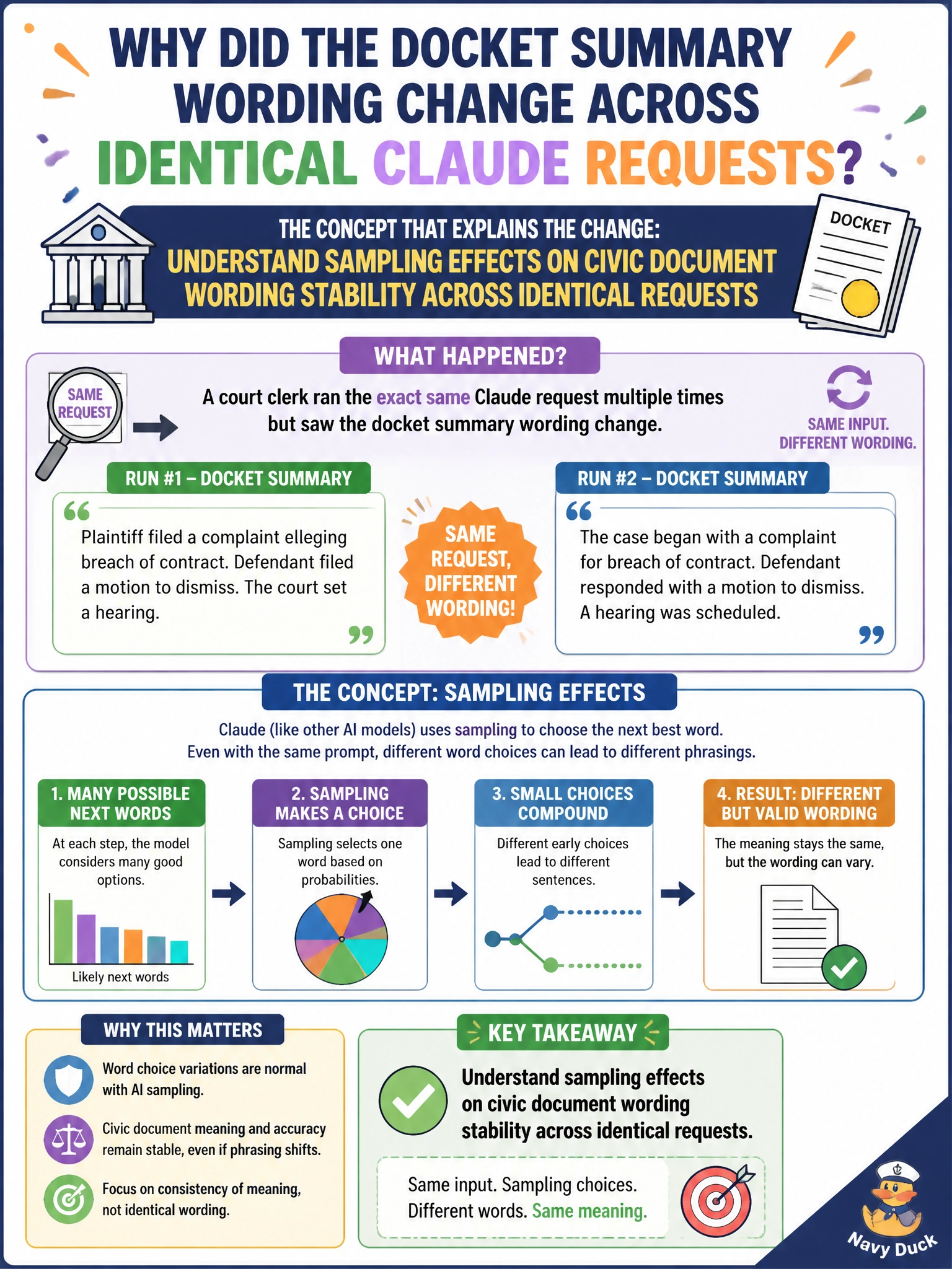 To Create an exciting colorful infographic that explains the concepts in the question: Question: A court clerk sees docket summary wording change across identical Claude requests. What concept explains the change? Correct Answer: Understand sampling effects on civic document wording stability across identical requests Put EVERY visible label in double quotes. No people. No A/B/C/D letters. In one of the four corners put a little "Navy Duck".