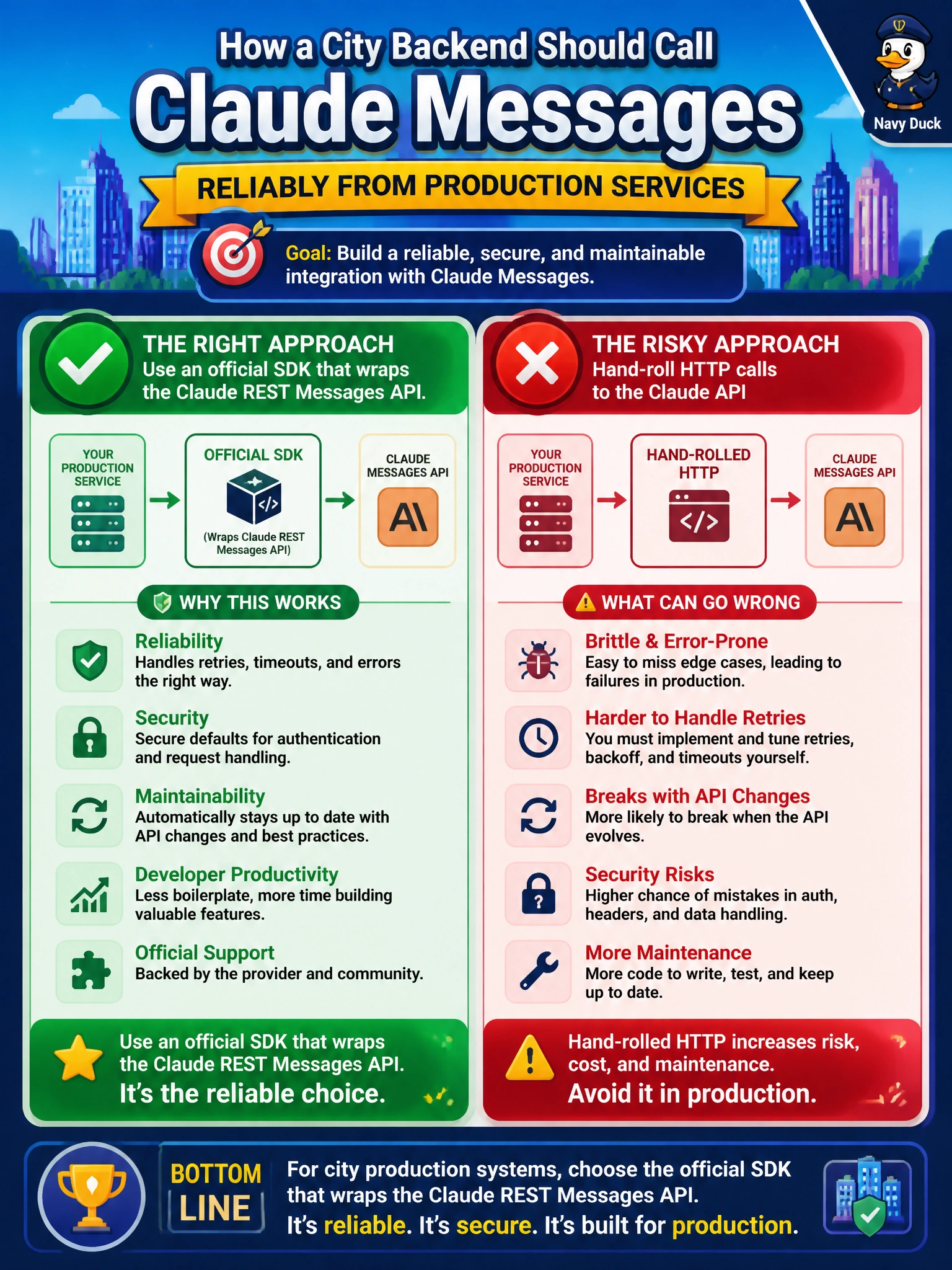 To Create an exciting colorful infographic that explains the concepts in the question: Question: A city backend must call Claude Messages reliably from production services. Which technical approach fits? Correct Answer: Use an official SDK that wraps the Claude REST Messages API rather than only hand-rolled HTTP Put EVERY visible label in double quotes. No people. No A/B/C/D letters. In one of the four corners put a little "Navy Duck".