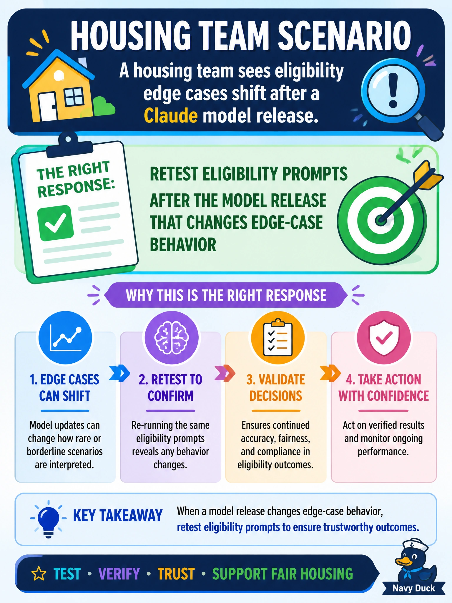 To Create an exciting colorful infographic that explains the concepts in the question: Question: A housing team sees eligibility edge cases shift after a Claude model release. What response fits? Correct Answer: Retest eligibility prompts after the model release that changes edge-case behavior Put EVERY visible label in double quotes. No people. No A/B/C/D letters. In one of the four corners put a little "Navy Duck".