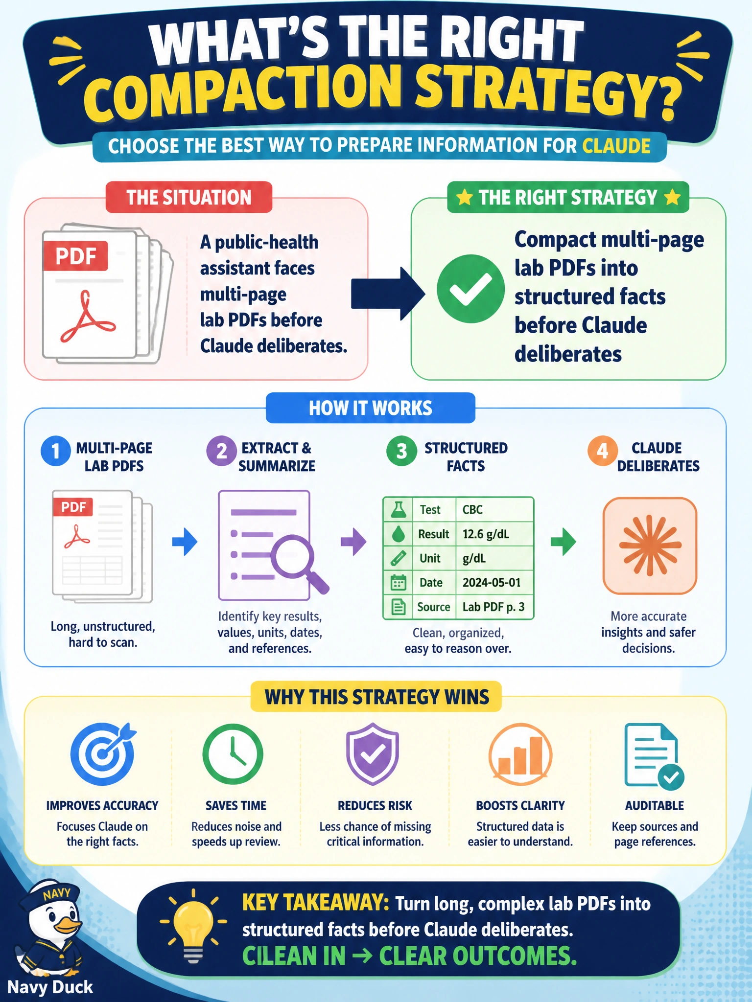 To Create an exciting colorful infographic that explains the concepts in the question: Question: A public-health assistant faces multi-page lab PDFs before Claude deliberates. Which compaction strategy fits? Correct Answer: Compact multi-page lab PDFs into structured facts before Claude deliberates Put EVERY visible label in double quotes. No people. No A/B/C/D letters. In one of the four corners put a little "Navy Duck".