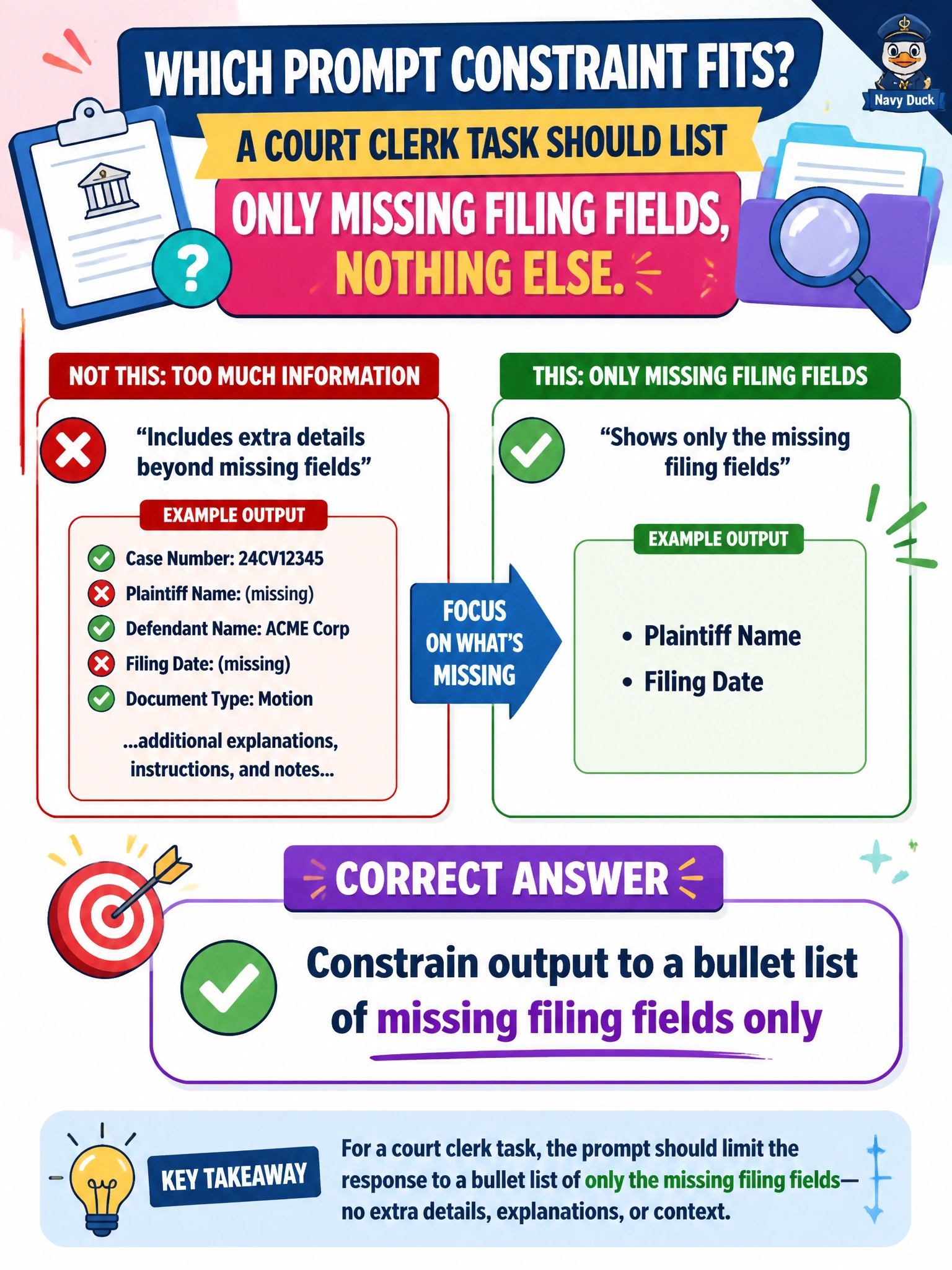 To Create an exciting colorful infographic that explains the concepts in the question: Question: A court clerk task should list only missing filing fields, nothing else. Which prompt constraint fits? Correct Answer: Constrain output to a bullet list of missing filing fields only Put EVERY visible label in double quotes. No people. No A/B/C/D letters. In one of the four corners put a little "Navy Duck".