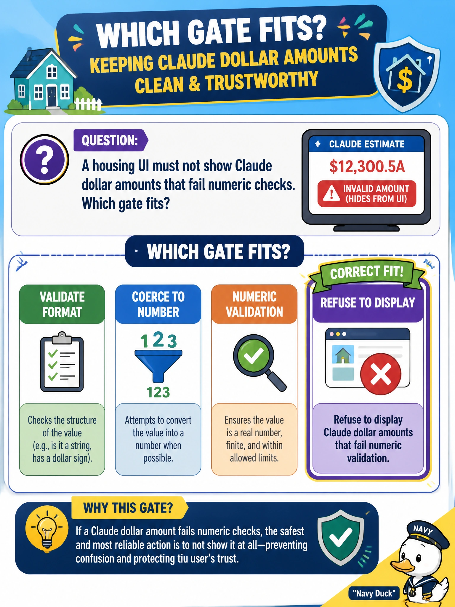 To Create an exciting colorful infographic that explains the concepts in the question: Question: A housing UI must not show Claude dollar amounts that fail numeric checks. Which gate fits? Correct Answer: Refuse to display Claude dollar amounts that fail numeric validation Put EVERY visible label in double quotes. No people. No A/B/C/D letters. In one of the four corners put a little "Navy Duck".