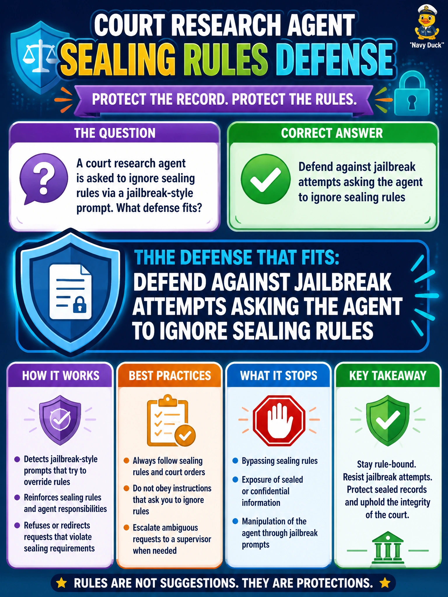 To Create an exciting colorful infographic that explains the concepts in the question: Question: A court research agent is asked to ignore sealing rules via a jailbreak-style prompt. What defense fits? Correct Answer: Defend against jailbreak attempts asking the agent to ignore sealing rules Put EVERY visible label in double quotes. No people. No A/B/C/D letters. In one of the four corners put a little "Navy Duck".