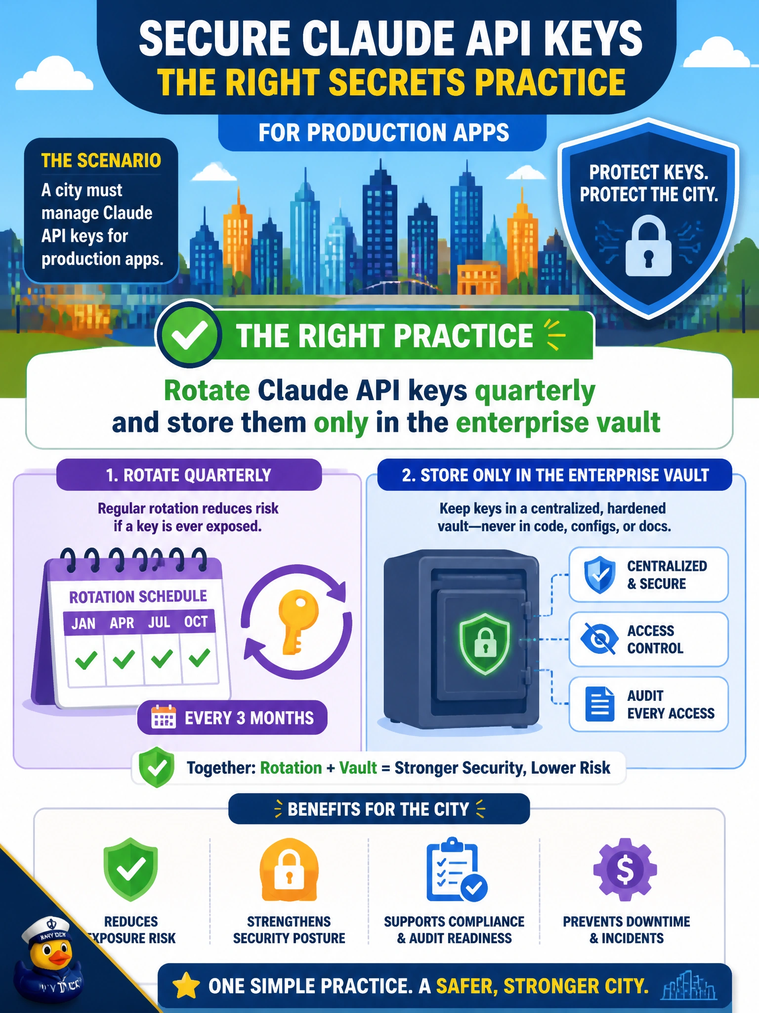 To Create an exciting colorful infographic that explains the concepts in the question: Question: A city must manage Claude API keys for production apps. Which secrets practice fits? Correct Answer: Rotate Claude API keys quarterly and store them only in the enterprise vault Put EVERY visible label in double quotes. No people. No A/B/C/D letters. In one of the four corners put a little "Navy Duck".