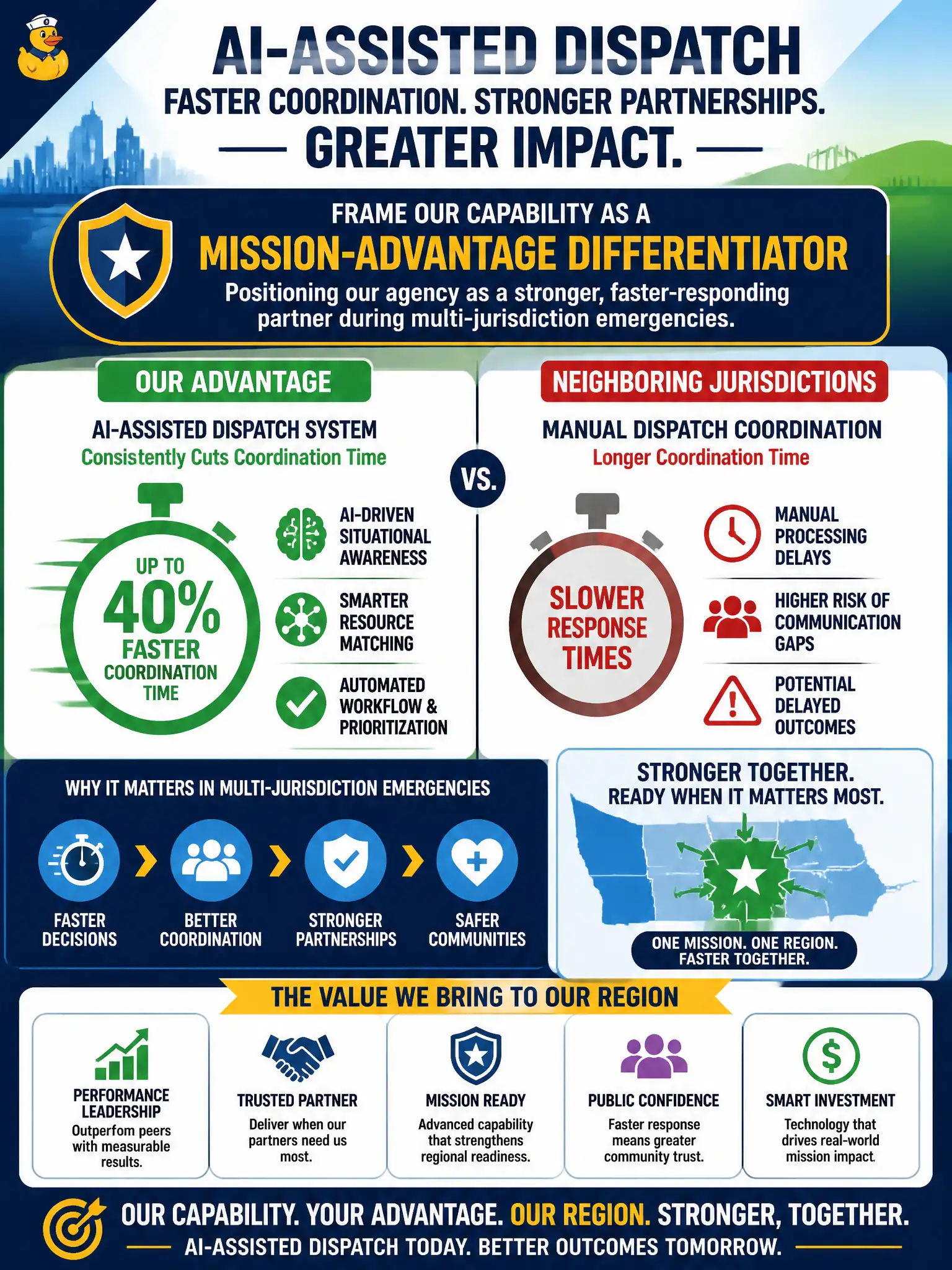 To Create an exciting colorful infographic that explains the concepts in the question: Question: An emergency-management agency deployed an AI-assisted dispatch system that consistently cuts response coordination time during regional mutual-aid events, outperforming neighboring jurisdictions still using manual dispatch coordination. How should agency leadership frame this capability when engaging regional partners and elected officials? Correct Answer: As a mission-advantage differentiator that positions the agency as a stronger, faster-responding partner during multi-jurisdiction emergencies. Put EVERY visible label in double quotes. No people. No A/B/C/D letters. In one of the four corners put a little "Navy Duck".