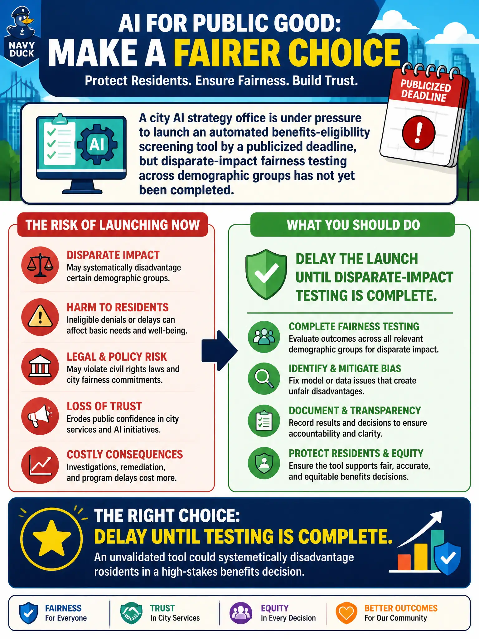 To Create an exciting colorful infographic that explains the concepts in the question: Question: A city AI strategy office is under pressure to launch an automated benefits-eligibility screening tool by a publicized deadline, but disparate-impact fairness testing across demographic groups has not yet been completed. What should the office do? Correct Answer: Delay the launch until disparate-impact testing is complete, since an unvalidated tool could systematically disadvantage residents in a high-stakes benefits decision. Put EVERY visible label in double quotes. No people. No A/B/C/D letters. In one of the four corners put a little "Navy Duck".