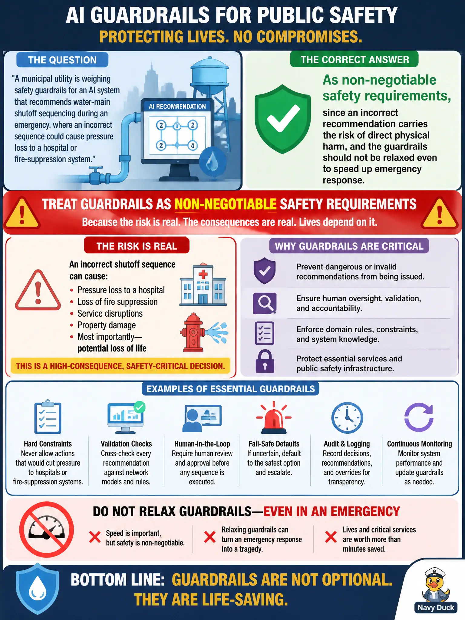 To Create an exciting colorful infographic that explains the concepts in the question: Question: A municipal utility is weighing safety guardrails for an AI system that recommends water-main shutoff sequencing during an emergency, where an incorrect sequence could cause pressure loss to a hospital or fire-suppression system. How should the utility's leadership treat these guardrails? Correct Answer: As non-negotiable safety requirements, since an incorrect recommendation carries the risk of direct physical harm, and the guardrails should not be relaxed even to speed up emergency response. Put EVERY visible label in double quotes. No people. No A/B/C/D letters. In one of the four corners put a little "Navy Duck".
