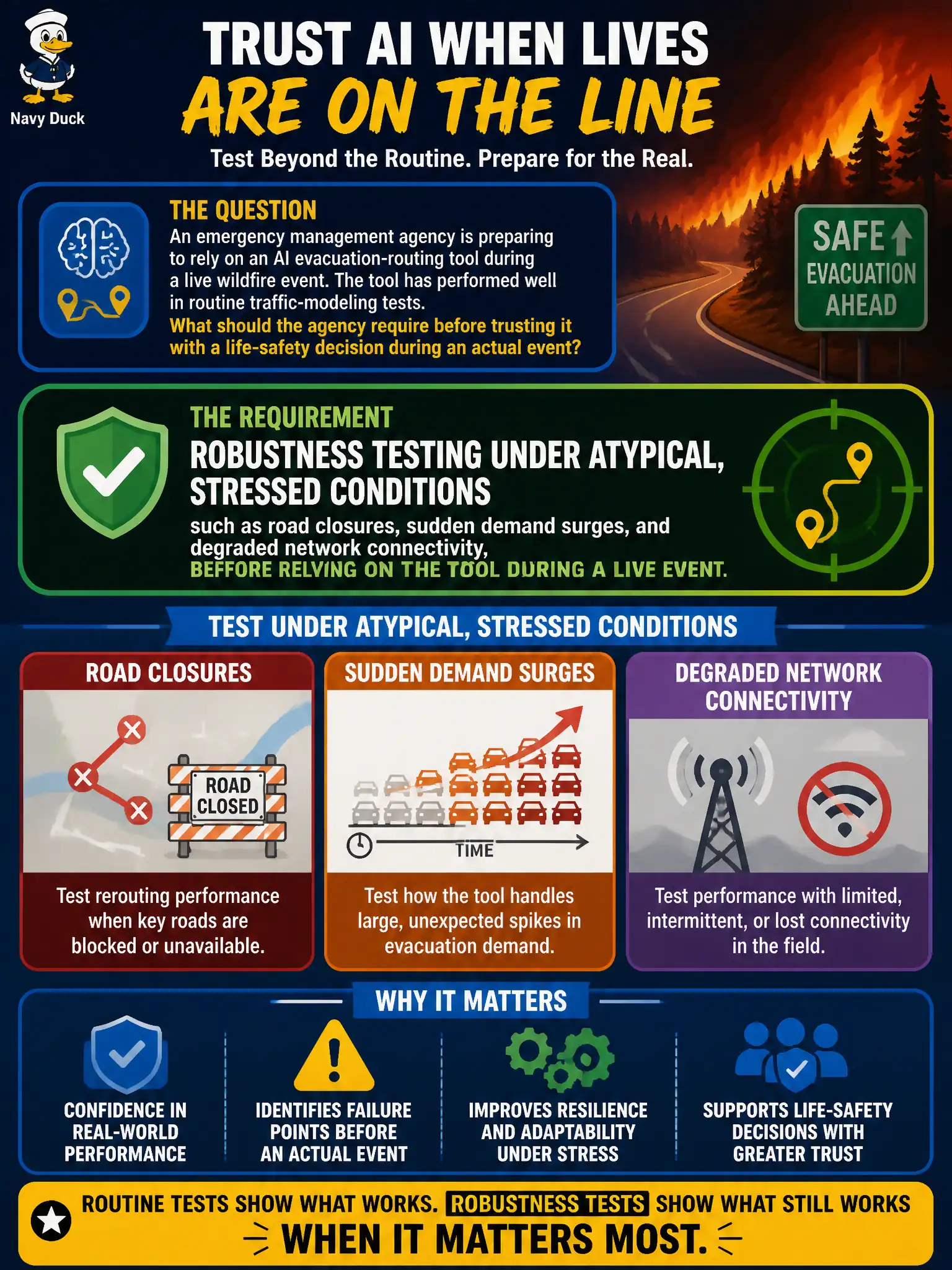 To Create an exciting colorful infographic that explains the concepts in the question: Question: An emergency management agency is preparing to rely on an AI evacuation-routing tool during a live wildfire event. The tool has performed well in routine traffic-modeling tests. What should the agency require before trusting it with a life-safety decision during an actual event? Correct Answer: Robustness testing under atypical, stressed conditions, such as road closures, sudden demand surges, and degraded network connectivity, before relying on the tool during a live event. Put EVERY visible label in double quotes. No people. No A/B/C/D letters. In one of the four corners put a little "Navy Duck".
