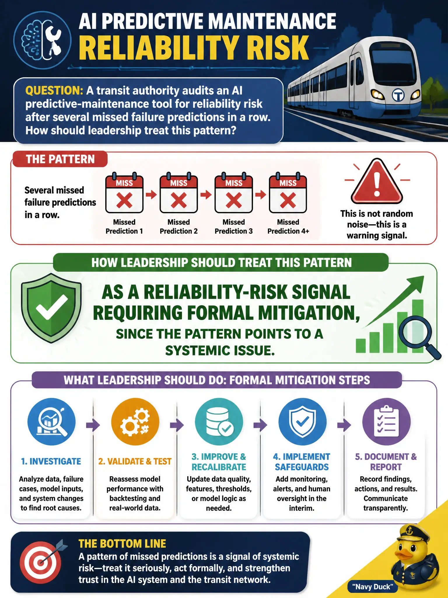 To Create an exciting colorful infographic that explains the concepts in the question: Question: A transit authority audits an AI predictive-maintenance tool for reliability risk after several missed failure predictions in a row. How should leadership treat this pattern? Correct Answer: As a reliability-risk signal requiring formal mitigation, since the pattern points to a systemic issue. Put EVERY visible label in double quotes. No people. No A/B/C/D letters. In one of the four corners put a little "Navy Duck".