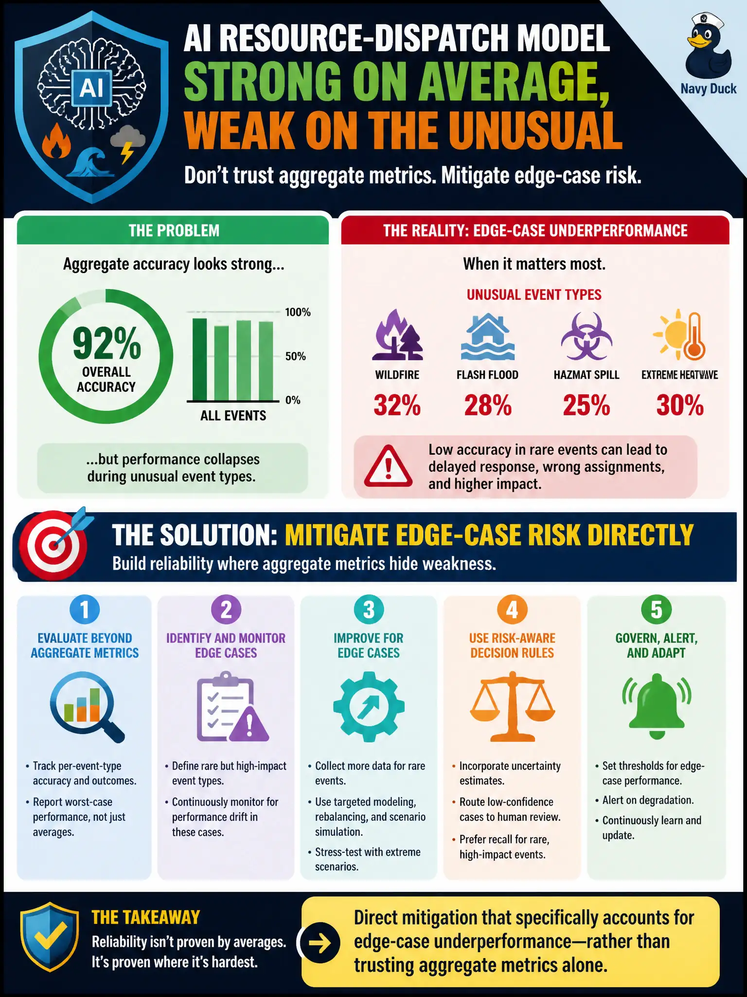 To Create an exciting colorful infographic that explains the concepts in the question: Question: An emergency management agency's AI resource-dispatch model underperforms specifically during unusual event types, even though its aggregate accuracy metrics look strong. How should the agency mitigate this reliability risk? Correct Answer: Direct mitigation that specifically accounts for edge-case underperformance rather than trusting aggregate metrics alone. Put EVERY visible label in double quotes. No people. No A/B/C/D letters. In one of the four corners put a little "Navy Duck".