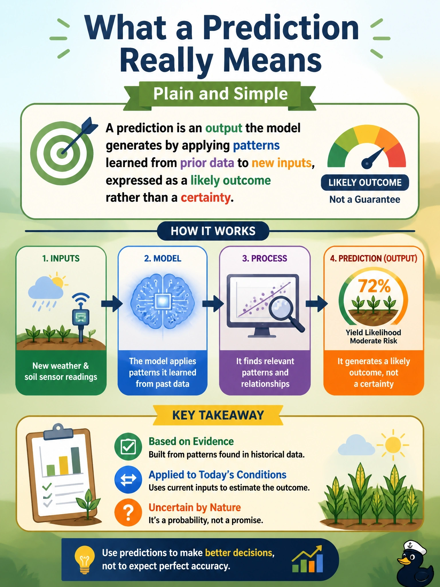 To Create an exciting colorful infographic that explains the concepts in the question: Question: A farm cooperative's agronomy team is piloting an AI tool that estimates crop yield risk from weather and soil sensor readings. A board member asks the program manager to explain, in plain terms, what a "prediction" from this system actually represents. Which explanation is most accurate? Correct Answer: An output the model generates by applying patterns learned from prior data to new inputs, expressed as a likely outcome rather than a certainty. Put EVERY visible label in double quotes. No people. No A/B/C/D letters. In one of the four corners put a little "Navy Duck".
