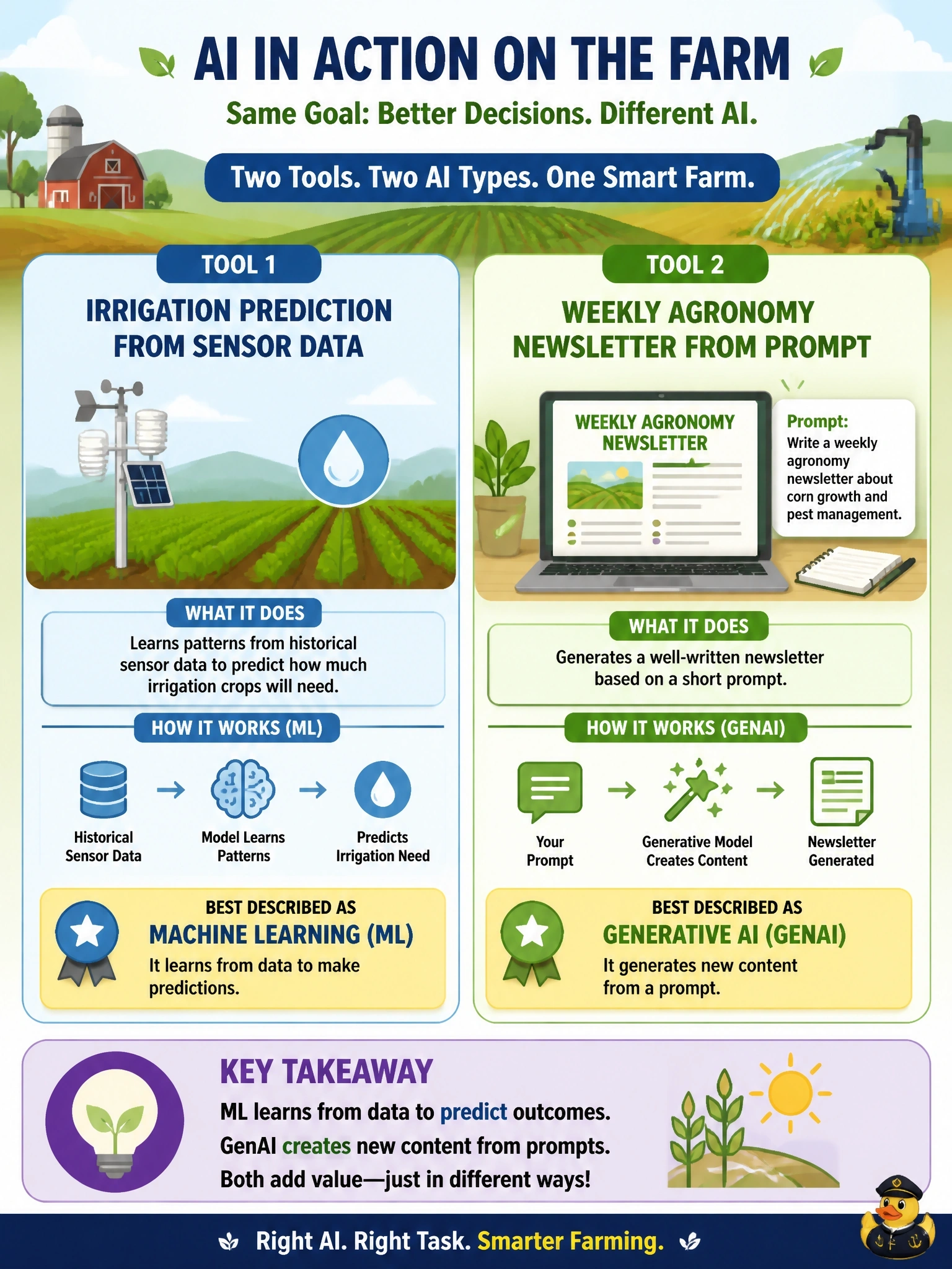 To Create an exciting colorful infographic that explains the concepts in the question: Question: A farm cooperative is evaluating two tools: one predicts irrigation needs from sensor data trends, and another drafts weekly agronomy newsletters from a short prompt. Which statement correctly applies the AI/ML/GenAI distinction to these two tools? Correct Answer: The irrigation tool is best described as ML, since it learns from historical sensor data to predict; the newsletter tool is best described as GenAI, since it generates content from a prompt. Put EVERY visible label in double quotes. No people. No A/B/C/D letters. In one of the four corners put a little "Navy Duck".