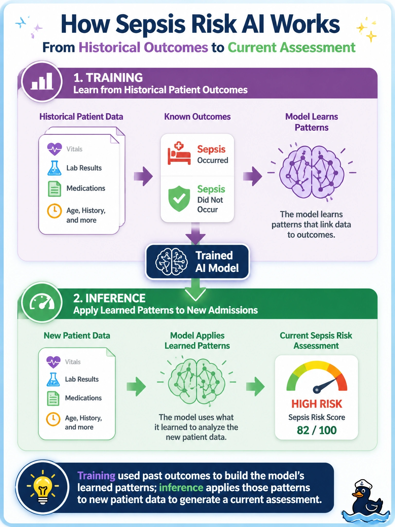 To Create an exciting colorful infographic that explains the concepts in the question: Question: A hospital's AI vendor explains that their sepsis-risk model was "trained on historical patient outcomes" and now "infers risk on new admissions." A board member asks how these two steps relate. Which explanation is most accurate? Correct Answer: Training used past outcomes to build the model's learned patterns; inference applies those patterns to new patient data to generate a current assessment. Put EVERY visible label in double quotes. No people. No A/B/C/D letters. In one of the four corners put a little "Navy Duck".