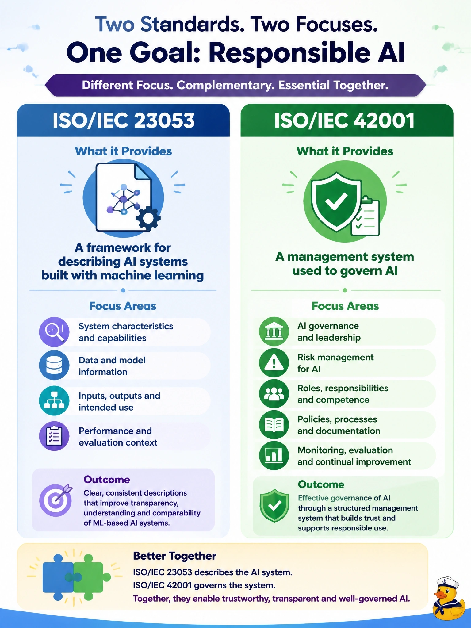 To Create an exciting colorful infographic that explains the concepts in the question: Question: A hospital system's AI program lead is asked to explain, to a group of department heads, what ISO/IEC 23053 addresses in contrast to ISO/IEC 42001. Which description best distinguishes the two? Correct Answer: ISO/IEC 23053 provides a framework for describing AI systems built with machine learning, while ISO/IEC 42001 addresses the management system used to govern AI. Put EVERY visible label in double quotes. No people. No A/B/C/D letters. In one of the four corners put a little "Navy Duck".
