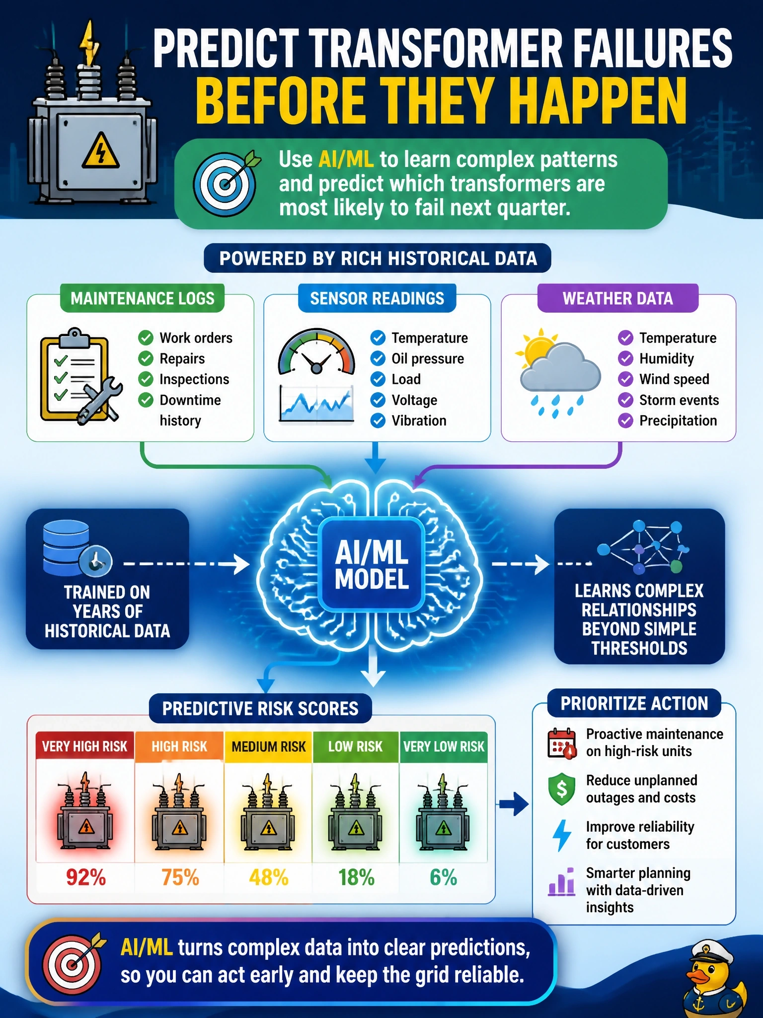 To Create an exciting colorful infographic that explains the concepts in the question: Question: A utility company wants to predict which distribution transformers are most likely to fail next quarter, drawing on years of maintenance logs, sensor readings, and weather data whose interrelationships aren't captured by simple thresholds. What should leadership select? Correct Answer: An AI/ML solution trained on the historical data to identify failure patterns Put EVERY visible label in double quotes. No people. No A/B/C/D letters. In one of the four corners put a little "Navy Duck".