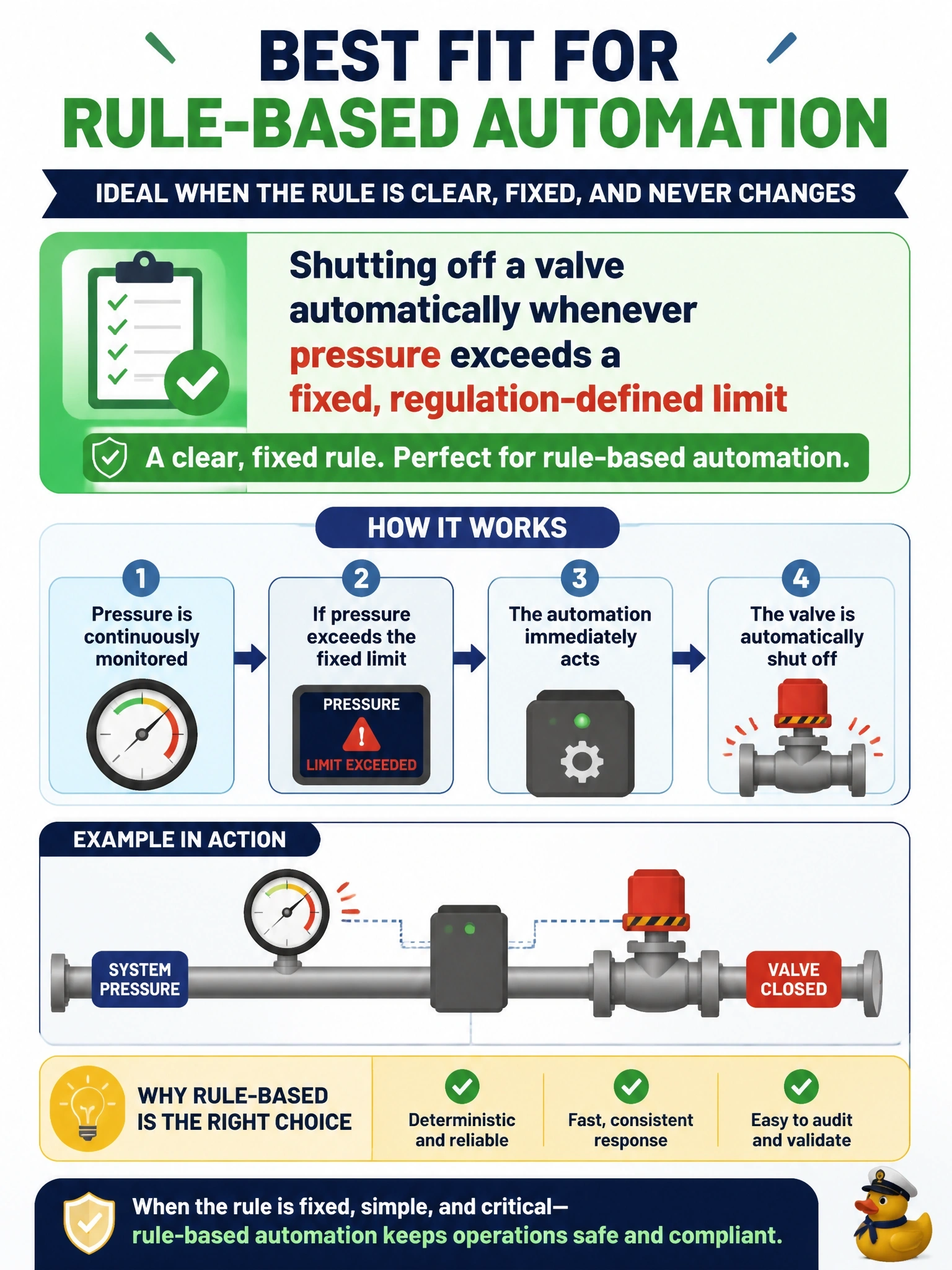 To Create an exciting colorful infographic that explains the concepts in the question: Question: Which scenario is the best fit for rule-based automation rather than an AI-based solution? Correct Answer: Shutting off a valve automatically whenever pressure exceeds a fixed, regulation-defined limit Put EVERY visible label in double quotes. No people. No A/B/C/D letters. In one of the four corners put a little "Navy Duck".
