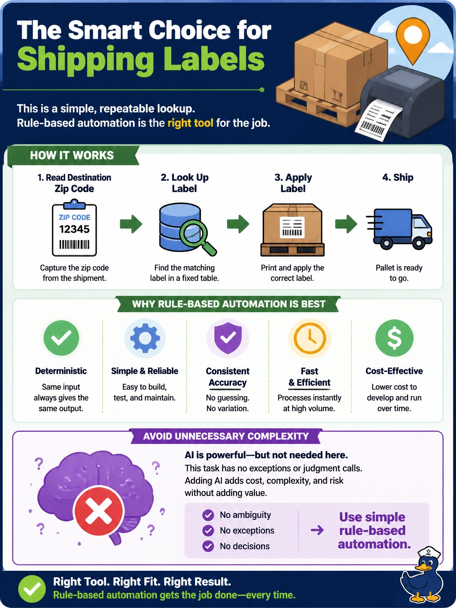 To Create an exciting colorful infographic that explains the concepts in the question: Question: A furniture manufacturer wants to automate applying a fixed, unchanging set of shipping labels to outbound pallets based on destination zip code, a simple lookup with no exceptions or judgment involved. A vendor has proposed a generative AI system to handle this. What is the most appropriate recommendation? Correct Answer: Use simple rule-based automation instead of AI, since the task is a deterministic lookup with no ambiguity. Put EVERY visible label in double quotes. No people. No A/B/C/D letters. In one of the four corners put a little "Navy Duck".