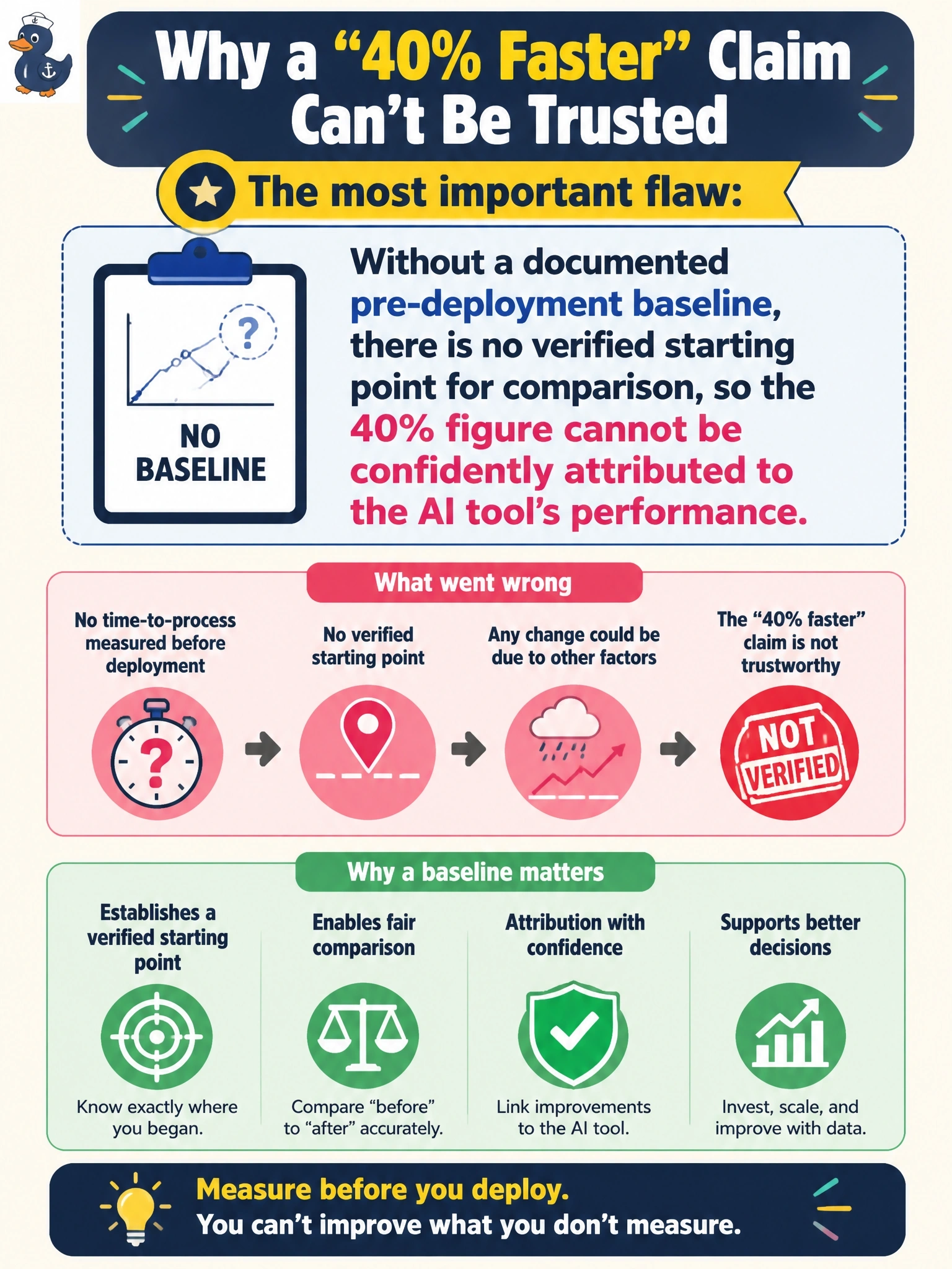 To Create an exciting colorful infographic that explains the concepts in the question: Question: An insurance company deployed an AI claims triage tool three months ago without first measuring how long claims took to process beforehand. An executive now announces the tool made claims processing "40% faster." What is the most important flaw in this claim? Correct Answer: Without a documented pre-deployment baseline, there is no verified starting point for comparison, so the 40% figure cannot be confidently attributed to the AI tool's performance Put EVERY visible label in double quotes. No people. No A/B/C/D letters. In one of the four corners put a little "Navy Duck".