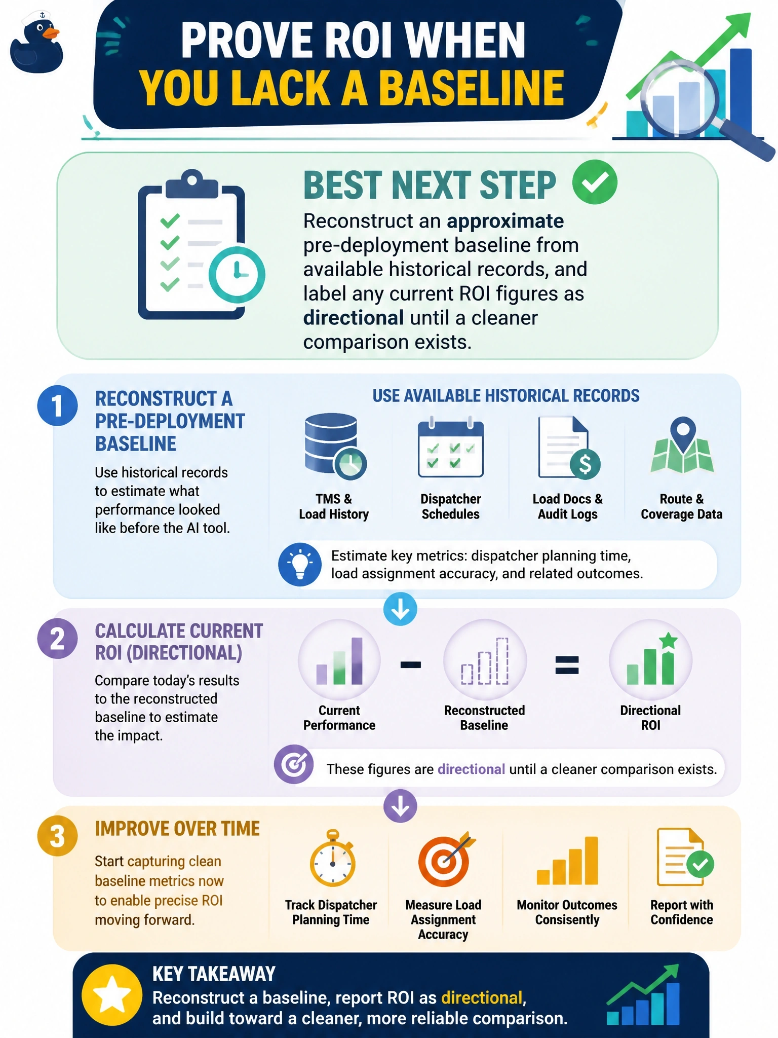 To Create an exciting colorful infographic that explains the concepts in the question: Question: A freight company rolled out an AI dispatch tool six months ago. Leadership now wants proof of ROI, but the team never recorded dispatcher planning time or load assignment accuracy before the rollout. What is the program owner's best next step? Correct Answer: Reconstruct an approximate pre-deployment baseline from available historical records, and label any current ROI figures as directional until a cleaner comparison exists Put EVERY visible label in double quotes. No people. No A/B/C/D letters. In one of the four corners put a little "Navy Duck".