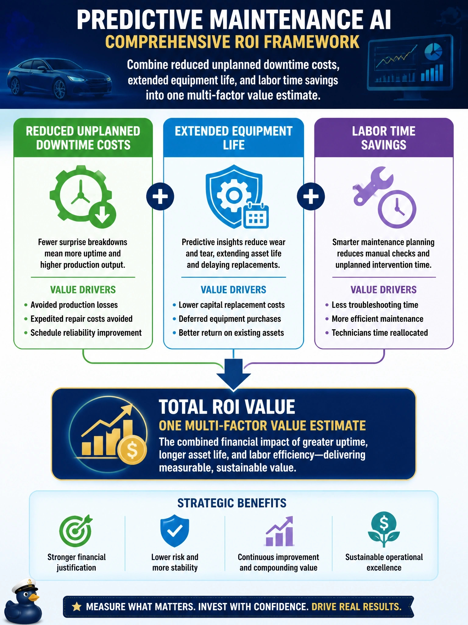 To Create an exciting colorful infographic that explains the concepts in the question: Question: An automotive manufacturer is building an ROI framework for its predictive-maintenance AI program before presenting it to the finance committee. Which approach best reflects a comprehensive ROI framework? Correct Answer: Combine reduced unplanned downtime costs, extended equipment life, and labor time savings into one multi-factor value estimate Put EVERY visible label in double quotes. No people. No A/B/C/D letters. In one of the four corners put a little "Navy Duck".