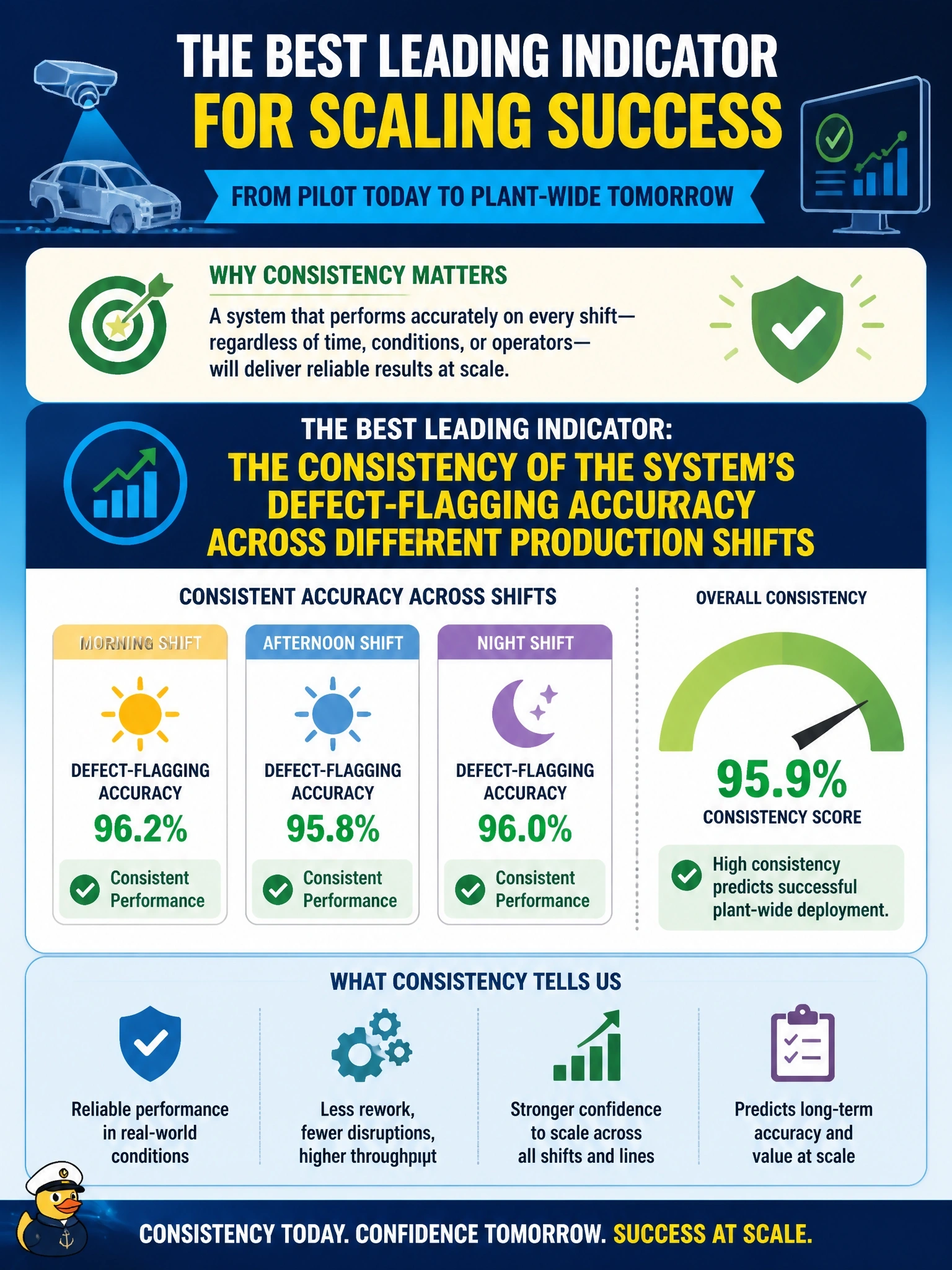 To Create an exciting colorful infographic that explains the concepts in the question: Question: An automotive manufacturer's AI visual inspection pilot has been running for one month. Which metric is the best leading indicator that the system will succeed once scaled plant-wide? Correct Answer: The consistency of the system's defect-flagging accuracy across different production shifts Put EVERY visible label in double quotes. No people. No A/B/C/D letters. In one of the four corners put a little "Navy Duck".