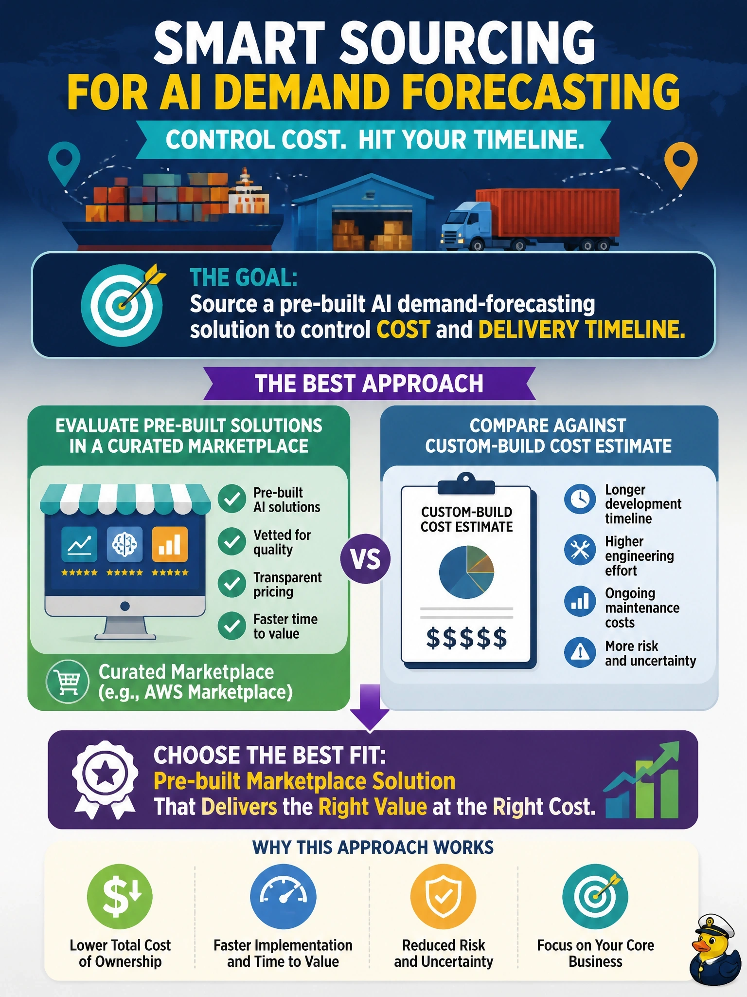 To Create an exciting colorful infographic that explains the concepts in the question: Question: A freight company is deciding how to source a pre-built AI demand-forecasting solution rather than building one from scratch, in order to control both cost and delivery timeline. Which sourcing approach best supports this cost-planning goal? Correct Answer: Evaluate pre-built solutions available through a curated marketplace such as AWS Marketplace against a custom-build cost estimate Put EVERY visible label in double quotes. No people. No A/B/C/D letters. In one of the four corners put a little "Navy Duck".