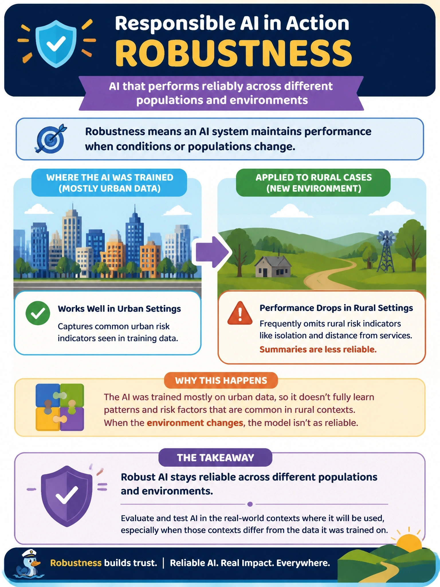 To Create an exciting colorful infographic that explains the concepts in the question: Question: A county child protective services agency pilots a GenAI case-summary tool trained mostly on urban case data from other regions. When applied to the agency's largely rural caseload, the tool frequently omits risk indicators common in rural settings, such as isolation or distance from services, and its summaries are noticeably less reliable than in the vendor's original testing environment. Which responsible AI dimension does this decline in reliability across a different population best represent? Correct Answer: Robustness Put EVERY visible label in double quotes. No people. No A/B/C/D letters. In one of the four corners put a little "Navy Duck".