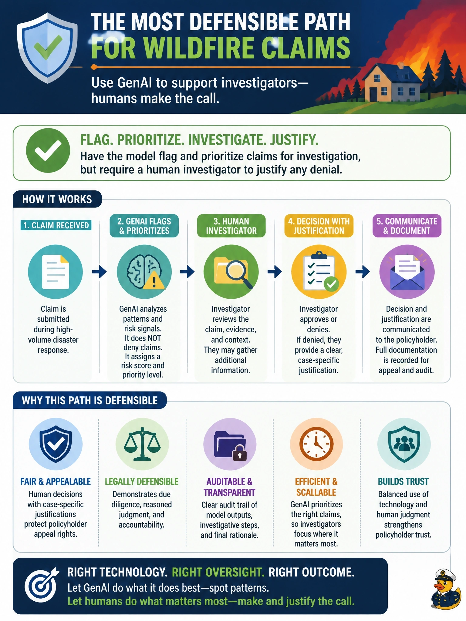To Create an exciting colorful infographic that explains the concepts in the question: Question: After a wave of wildfire claims, a property insurer's fraud unit wants to use a GenAI model to auto-deny claims with suspicious patterns, potentially saving millions in payouts and investigator hours during a high-volume disaster response. The model cannot yet produce a case-specific explanation that policyholders can appeal against, and denials trigger legal appeal rights. Leadership must decide before the claims deadline. What is the most defensible path? Correct Answer: Have the model flag and prioritize claims for investigation, but require a human investigator to justify any denial Put EVERY visible label in double quotes. No people. No A/B/C/D letters. In one of the four corners put a little "Navy Duck".