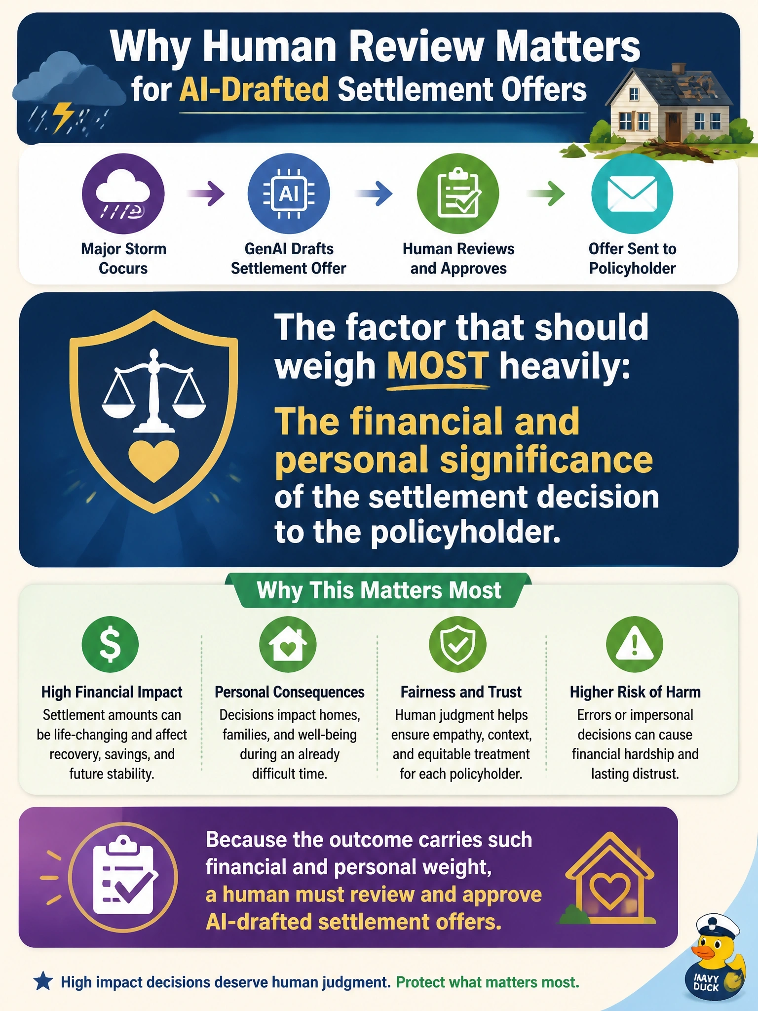 To Create an exciting colorful infographic that explains the concepts in the question: Question: A homeowners insurer uses a GenAI tool to help draft settlement offer language for catastrophe claims after a major storm. Which factor should weigh MOST heavily in deciding whether a human must review and approve the AI-drafted settlement offer before it is sent to the policyholder? Correct Answer: The financial and personal significance of the settlement decision to the policyholder Put EVERY visible label in double quotes. No people. No A/B/C/D letters. In one of the four corners put a little "Navy Duck".