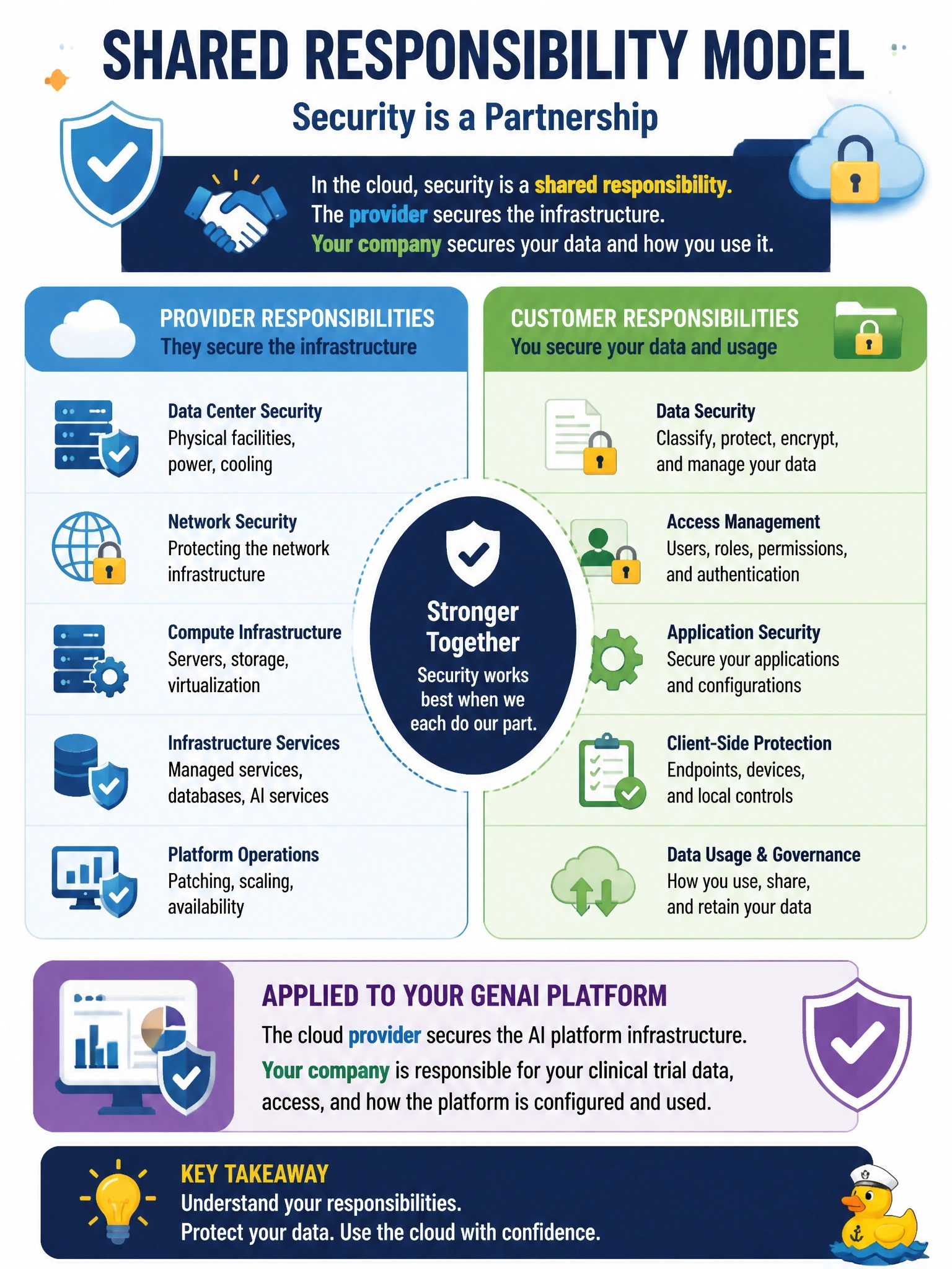 To Create an exciting colorful infographic that explains the concepts in the question: Question: A pharmaceutical company is evaluating a third-party GenAI platform, built on a cloud provider's managed AI services, to process clinical trial data. The company's security lead wants to clarify who is responsible for which security controls. Which framework should guide this conversation? Correct Answer: The shared responsibility model, which clarifies that the provider secures the infrastructure while the company remains responsible for its own data. Put EVERY visible label in double quotes. No people. No A/B/C/D letters. In one of the four corners put a little "Navy Duck".