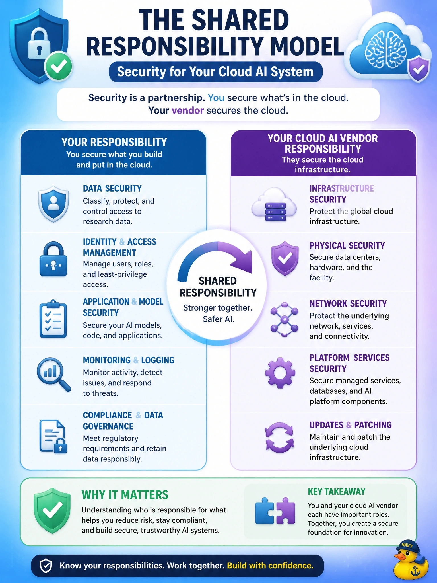 To Create an exciting colorful infographic that explains the concepts in the question: Question: A pharmaceutical company's business leaders want to understand what they are responsible for versus what their cloud AI vendor is responsible for when it comes to securing an AI system that processes research data. Which concept addresses this directly? Correct Answer: The shared responsibility model. Put EVERY visible label in double quotes. No people. No A/B/C/D letters. In one of the four corners put a little "Navy Duck".